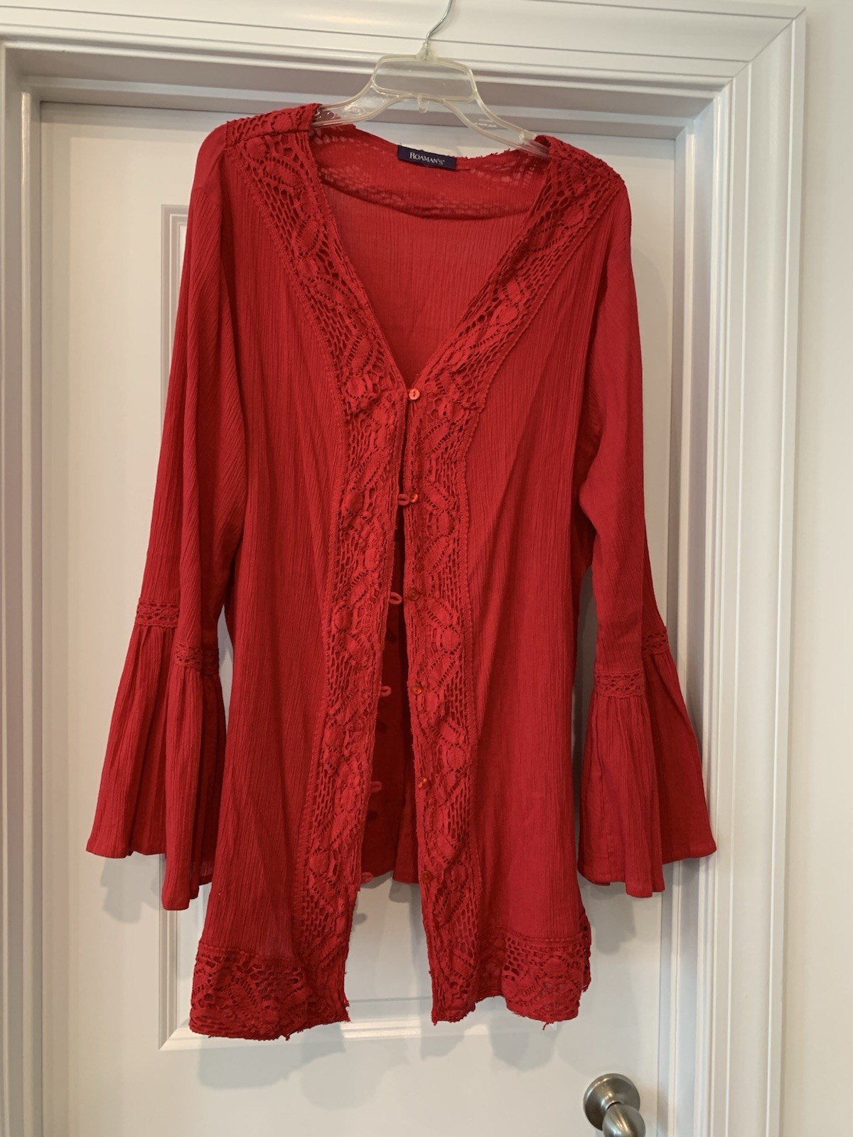 Roman’s Long Blouse Red Gauzy And Crochet Lace 20W NWOT/ Cotton