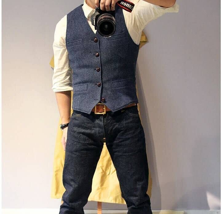 Mens Tweed Suit Vest Retro Herringbone Western Groom Formal Dress Waistcoat Vest