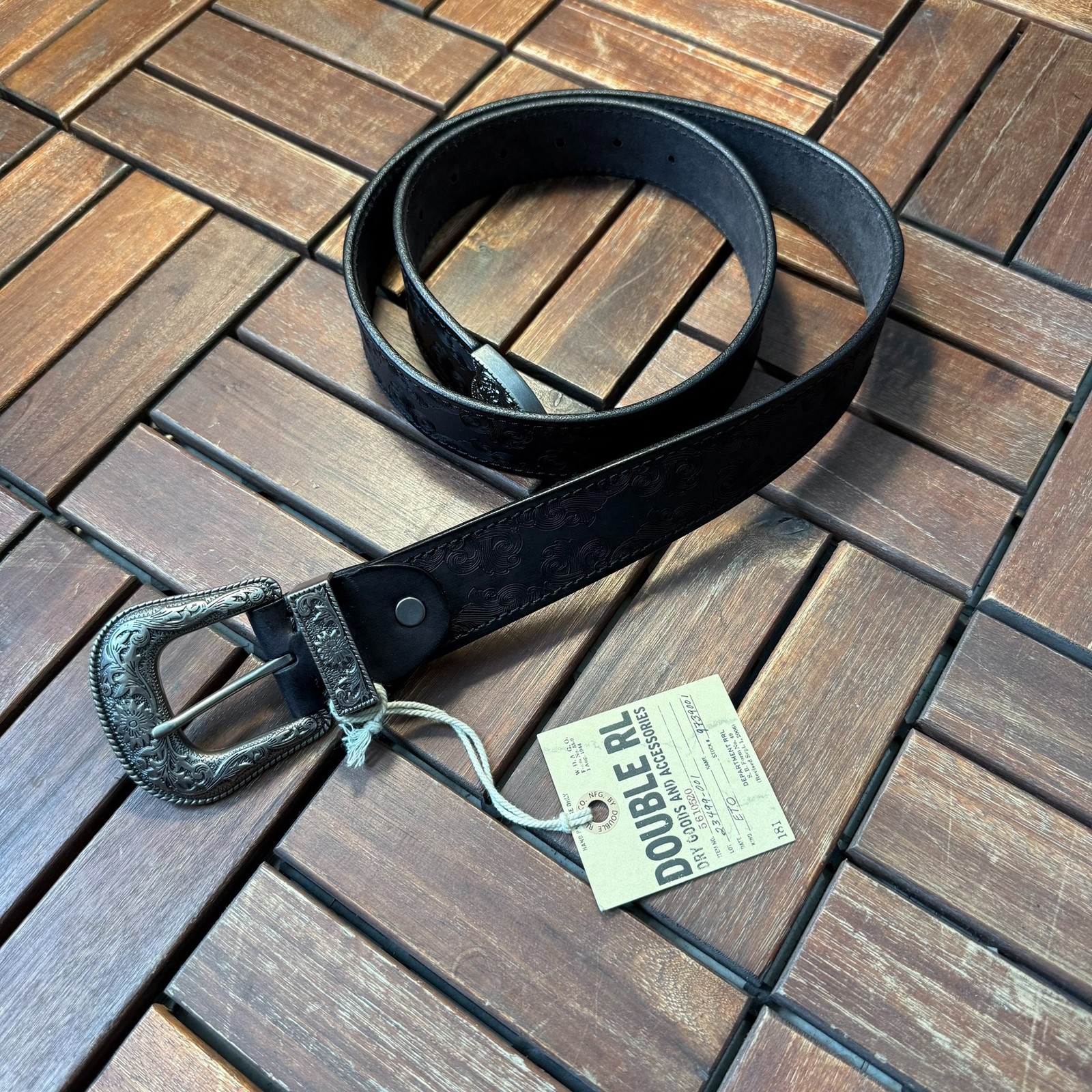 RRL Double RL Leather Belt Western Floral Engraved Silver Buckle Size 34