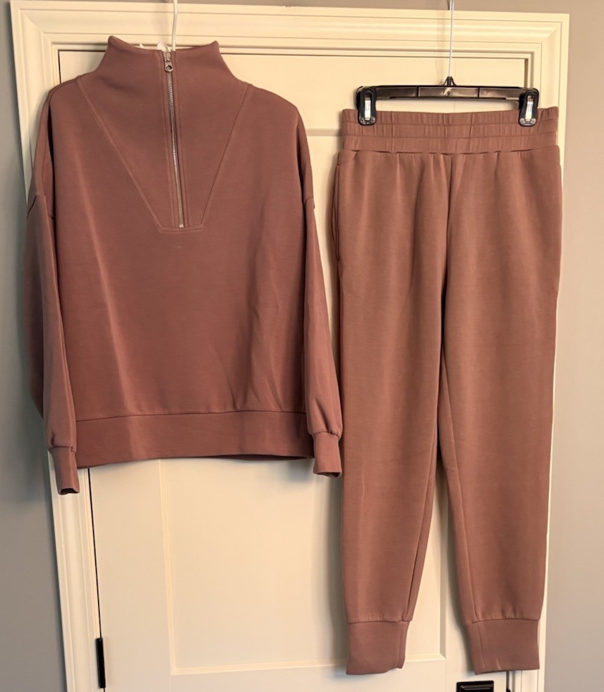 Varley Sz S Doublesoft 2 Pc Set Hawley Half Zip Sweat Slim Cuff Pant 27.5 Antler