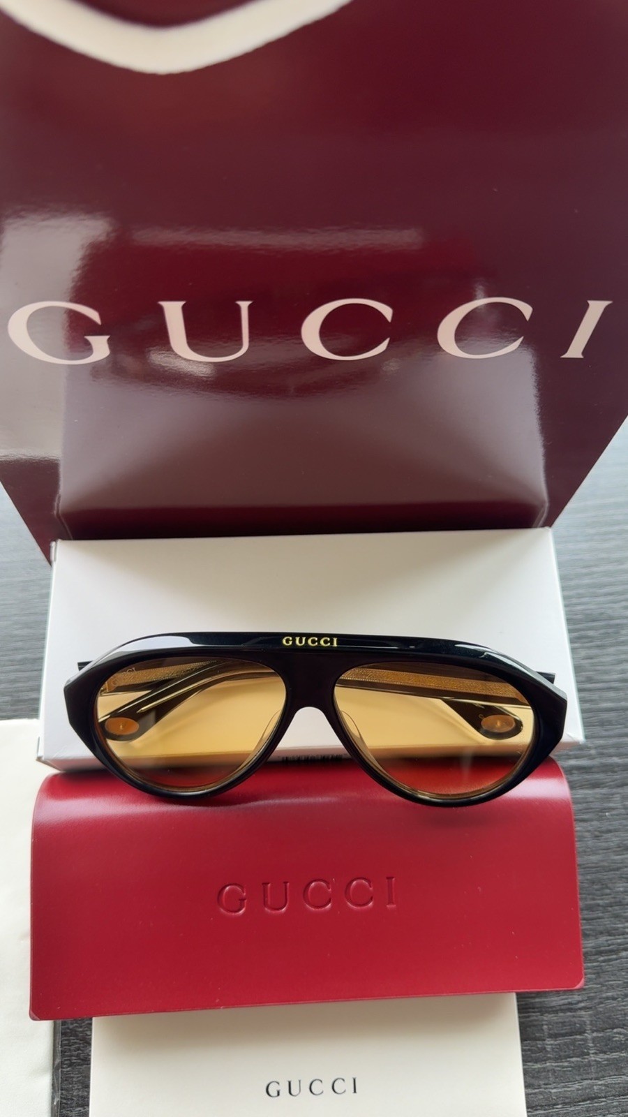 Gucci GG0479S Unisex Aviator Acetate Sunglasses Black Yellow Men And Women
