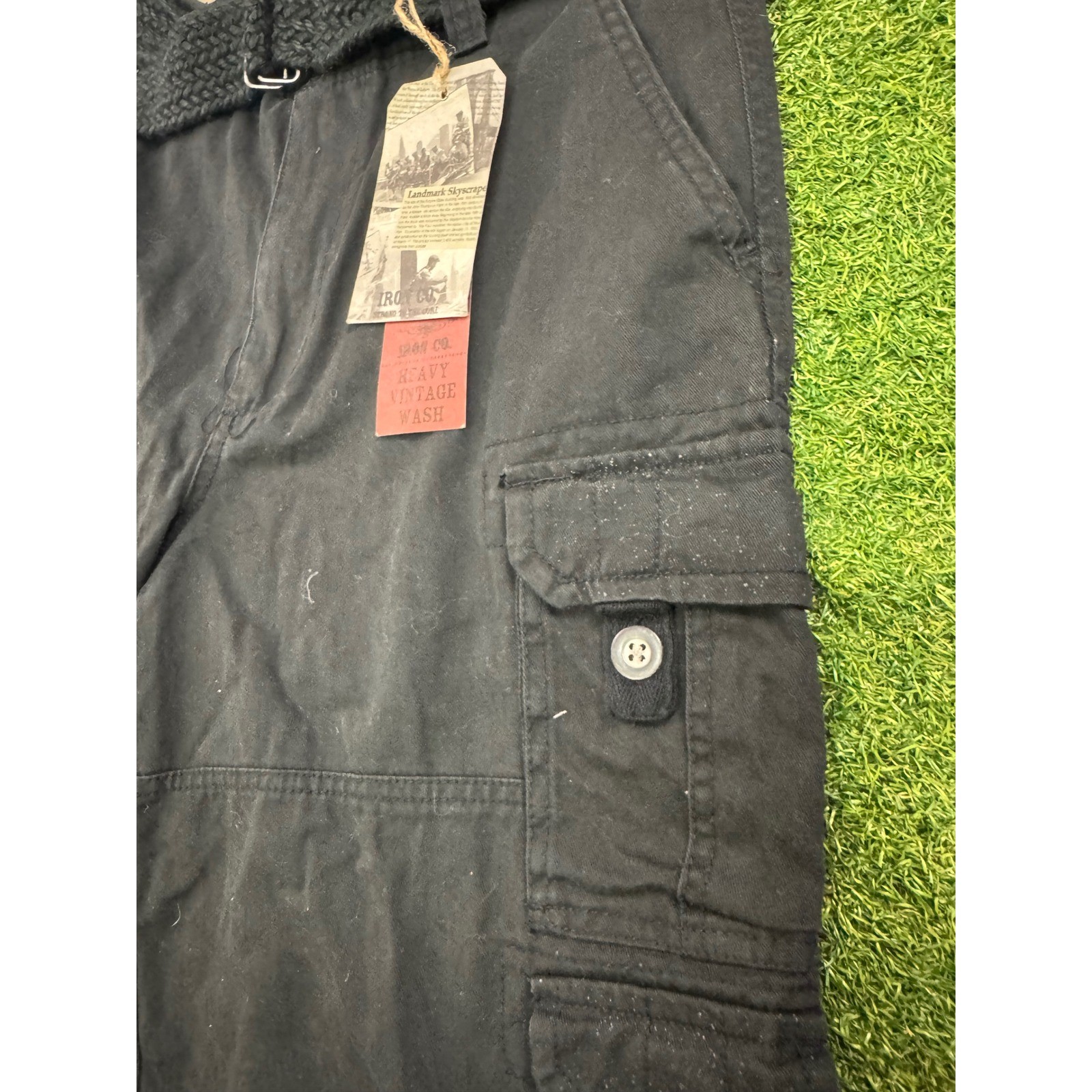Iron Co Mens Cargo Shorts Black Heavy Vintage Wash Raw Hem With Belt Size 32 NWT