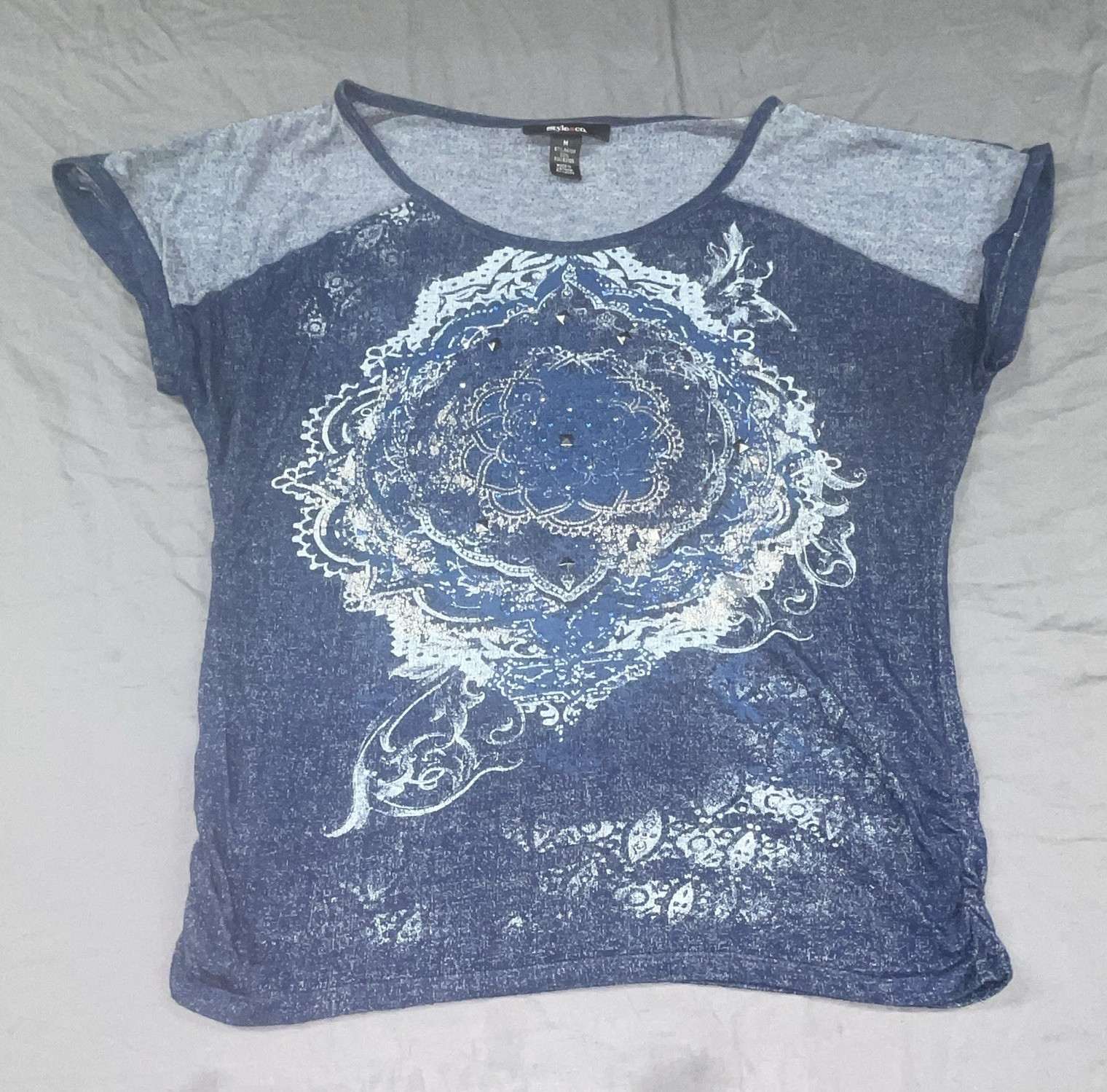 Style & Co. Women’s Blue Graphic Print Glitter Scoop Neck T-Shirt M
