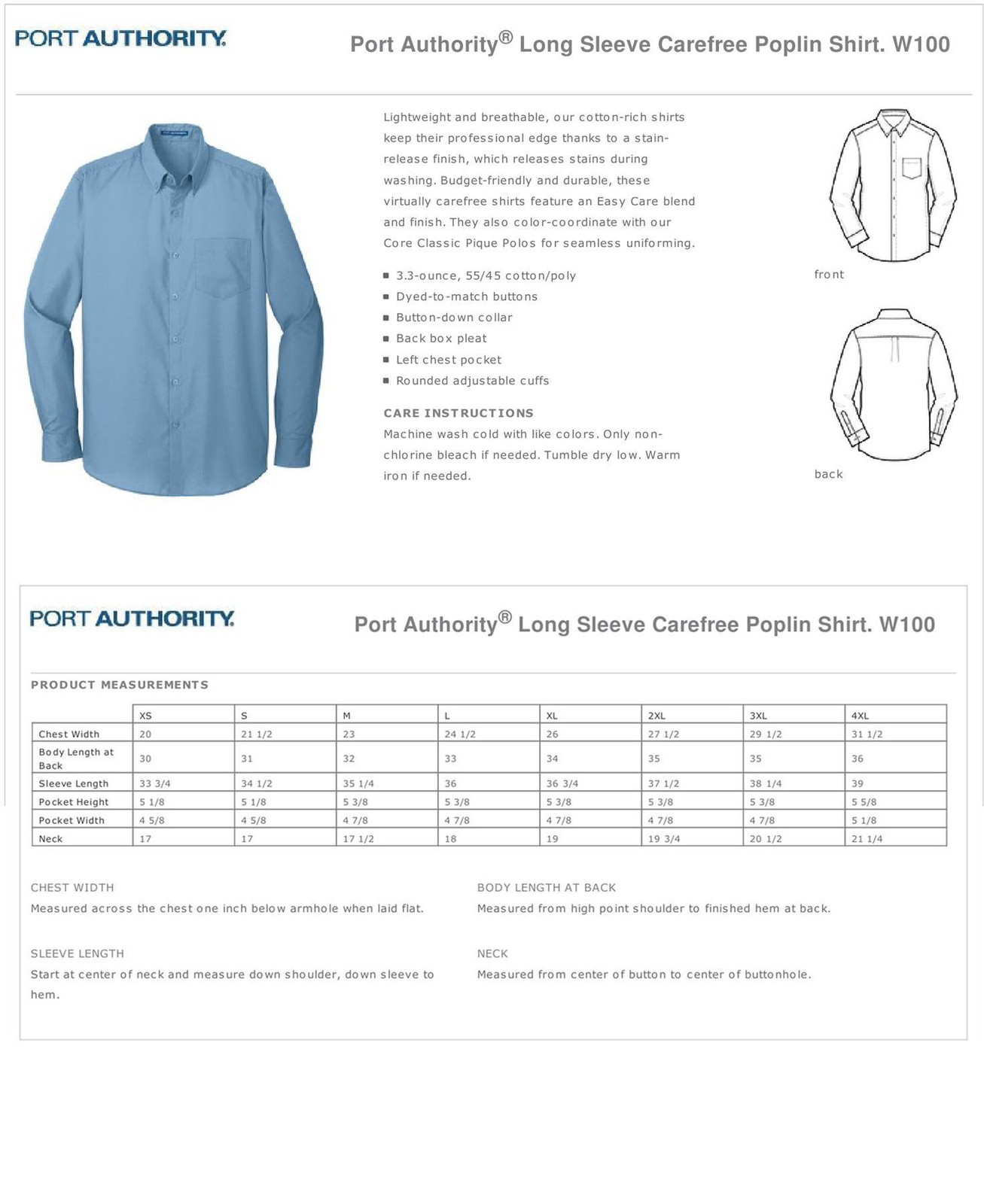 Port Authority Men’s Long Sleeve Pocket Carefree Poplin Button Down Shirt W100