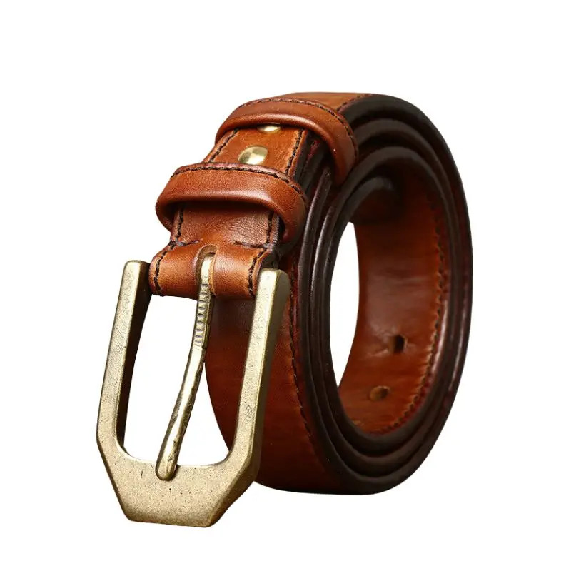 3.8CM Double Sided Full Grain Leather Belt Mens Pin Buckle Thick Cowhide Brass