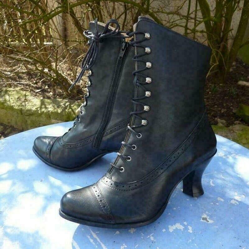 New Women Steampunk Lace Up High Heel Rustic Shoes Victorian Ankle Leather Boots