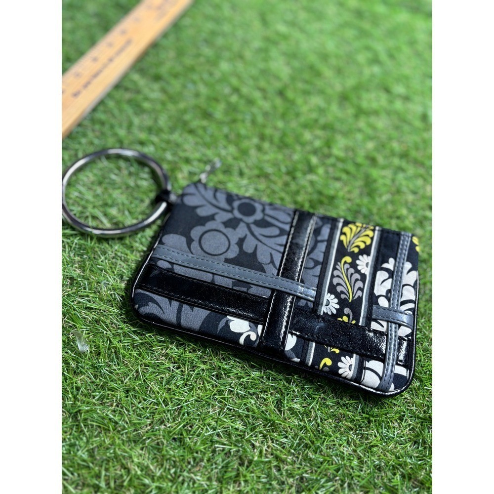 Womens Black Floral Print Wristlet Pouch with Ring Handle and Yellow Accents
