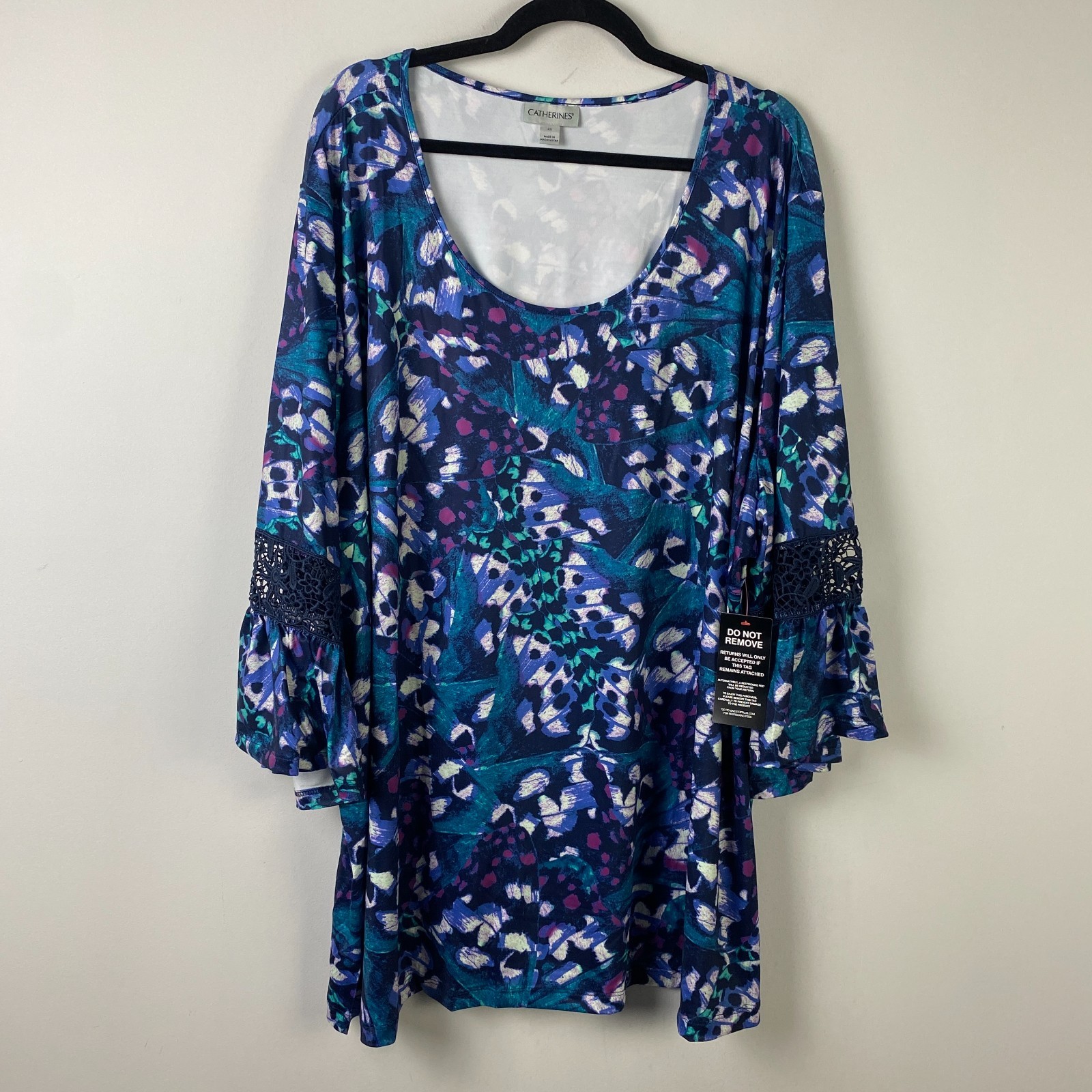 Catherines Dream Drape Bella Crochet Trim Top Size 4X Blue 3/4 Bell Sleeve
