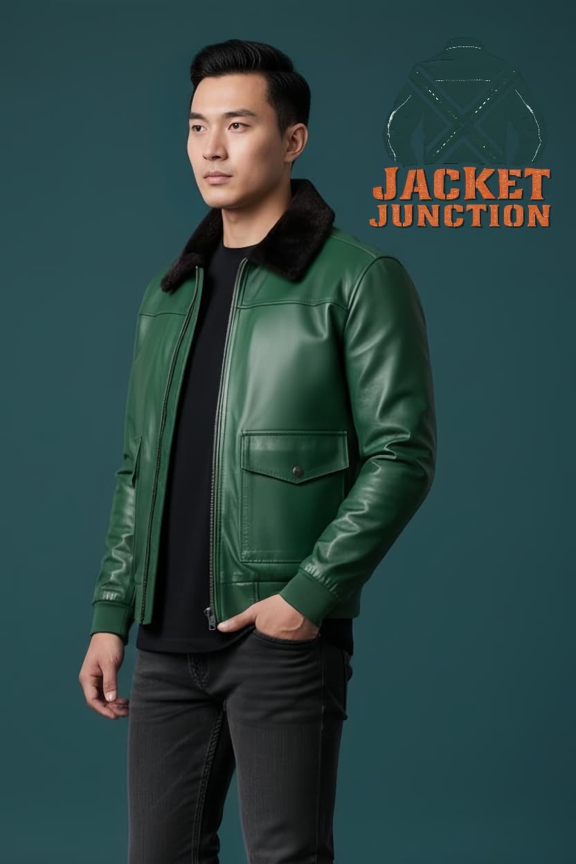 Men’s Lambskin Leather Bomber Jacket Faux Fur Collar Aviator Pilot Coat
