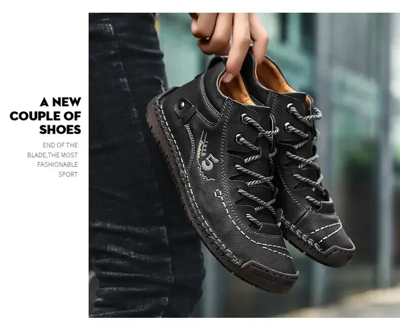 Men Hand Stitched Leather Walking Shoes Lace Up Non Slip Casual Outdoor Sneakers