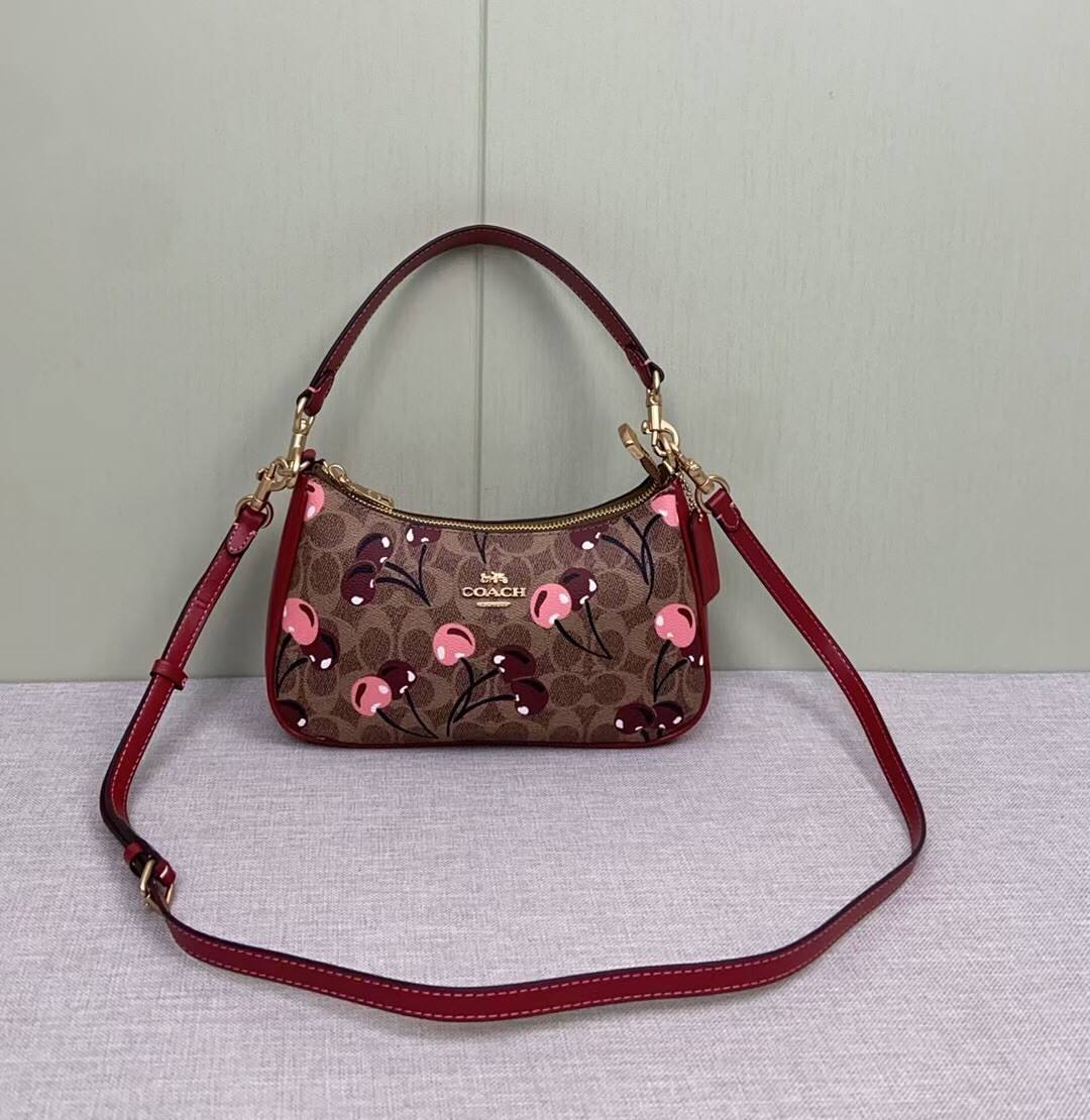 COACH CY694 Teri Shoulder Bag Signature Canvas Cherry Print Tan Brown