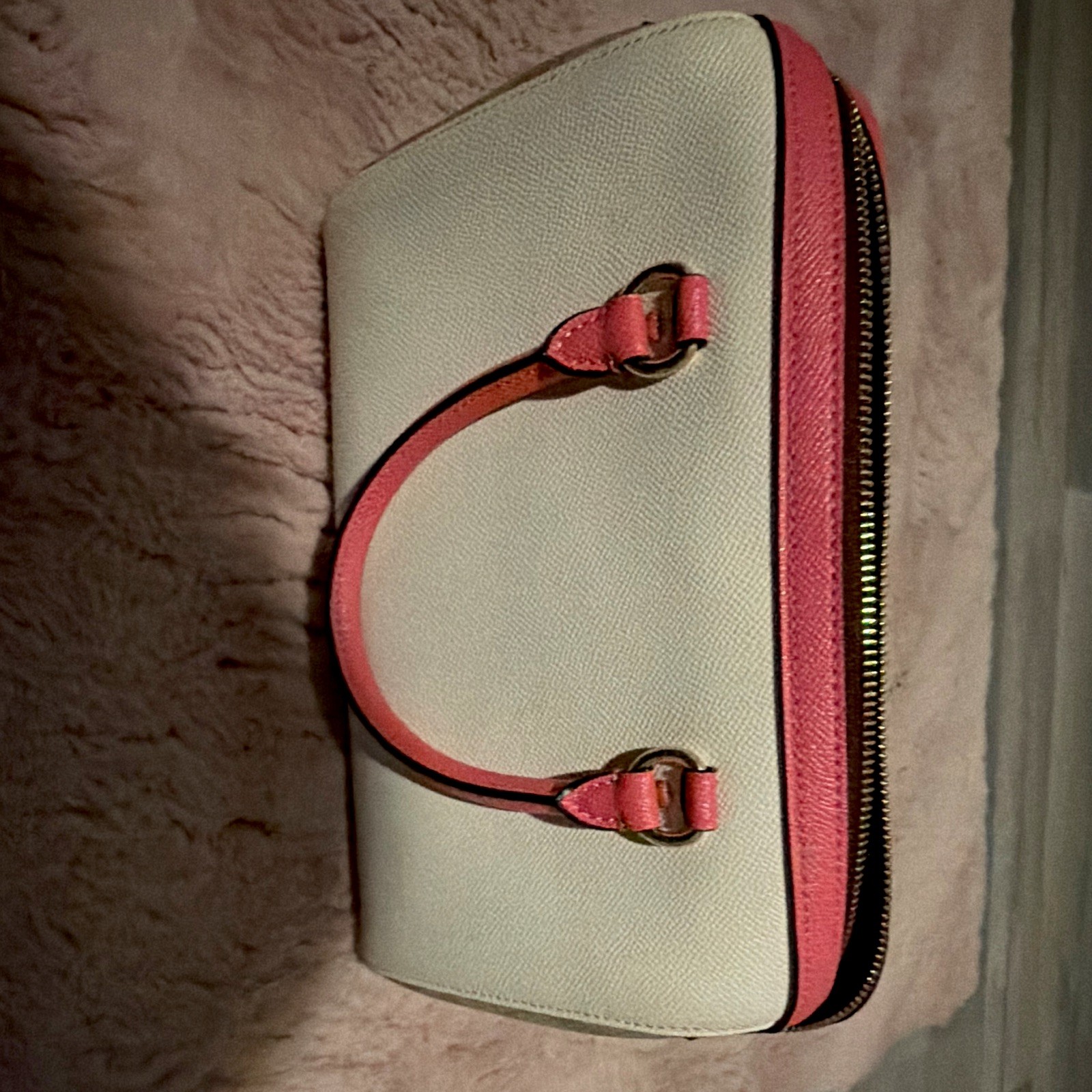 Coach White/Pink Colorblock Satchel Top Handle Zip Gold HW Front Pocket Charm