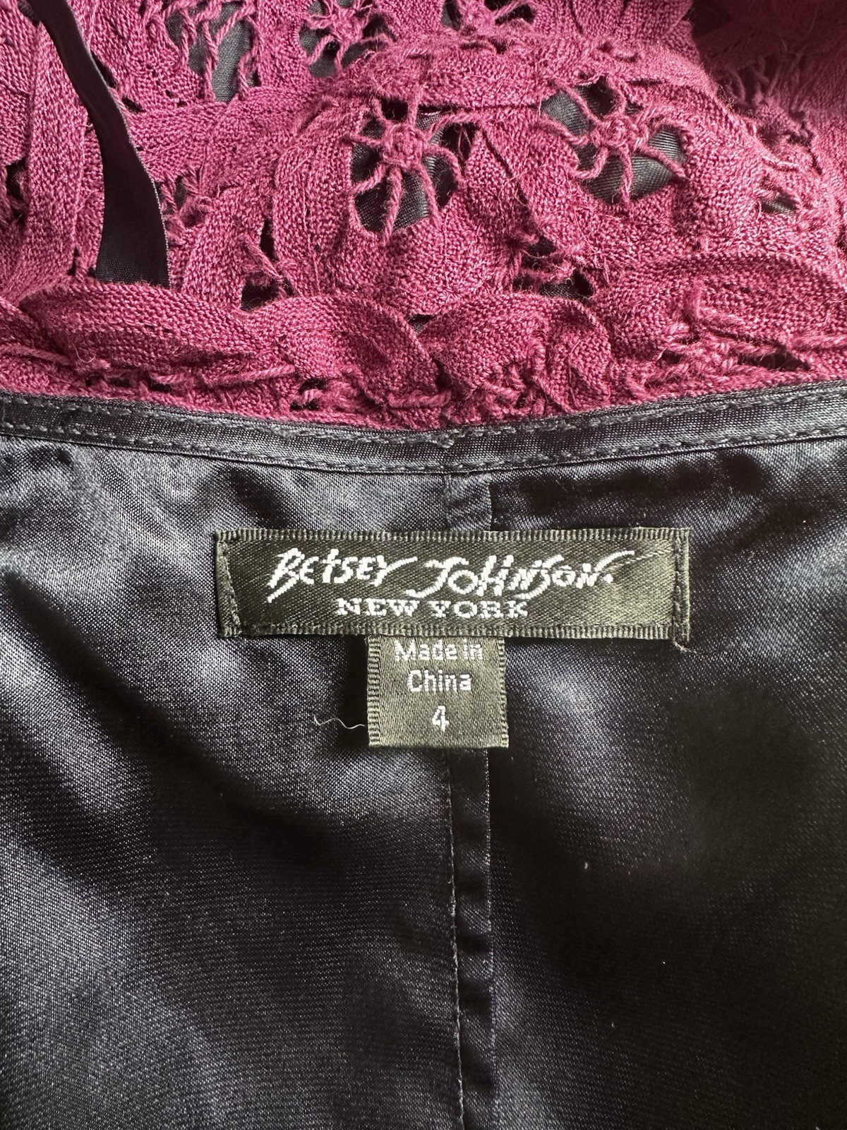Betsey Johnson 1990s SZ 4 Purple Crochet Lace Overlay Over Navy Silk Navy Trim