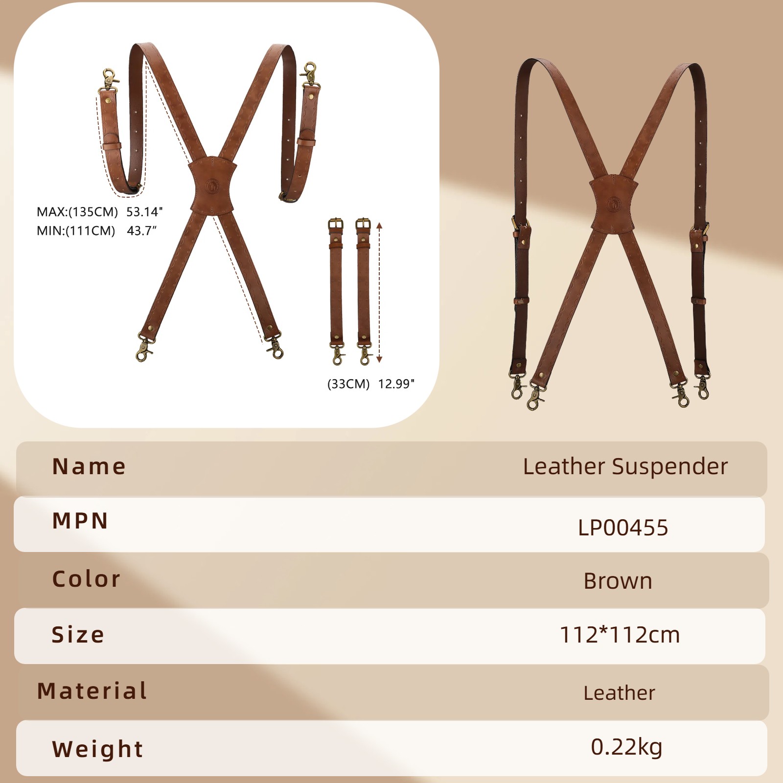Tourbon Leather Men’s Suspenders X Back Adjustable X-Shaped Hooks Pants Braces