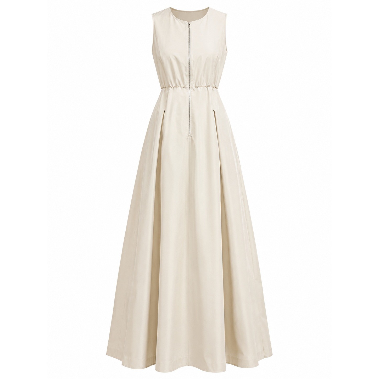 Beige Sleeveless Front Zip Pleated Maxi Dress Corset Bodice Minimalist Neutral
