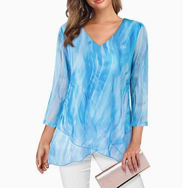 Women’s Asymmetrical Hem Mesh Blouse 3/4 Sleeve V Neck Tunic