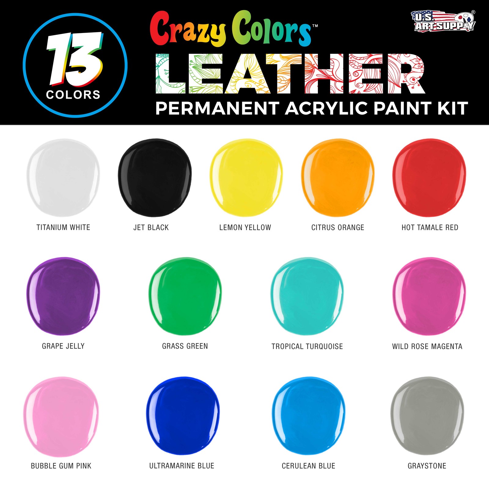 Acrylic Leather and Shoe Paint Kit, 13 Colors Set, 1 oz Bottles – Sneakers, Bags