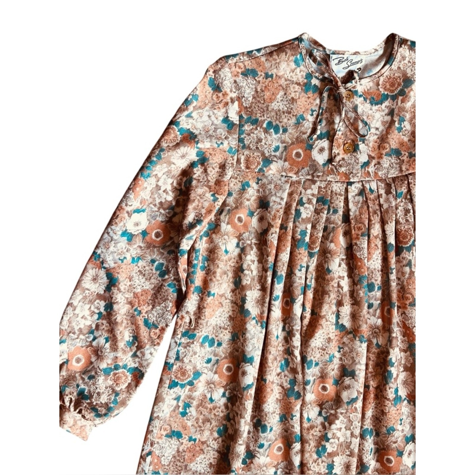 Vintage 70s Bob Simmons Women’s Sz S Tan Floral Ruffle Dress Midi Long Sleeves
