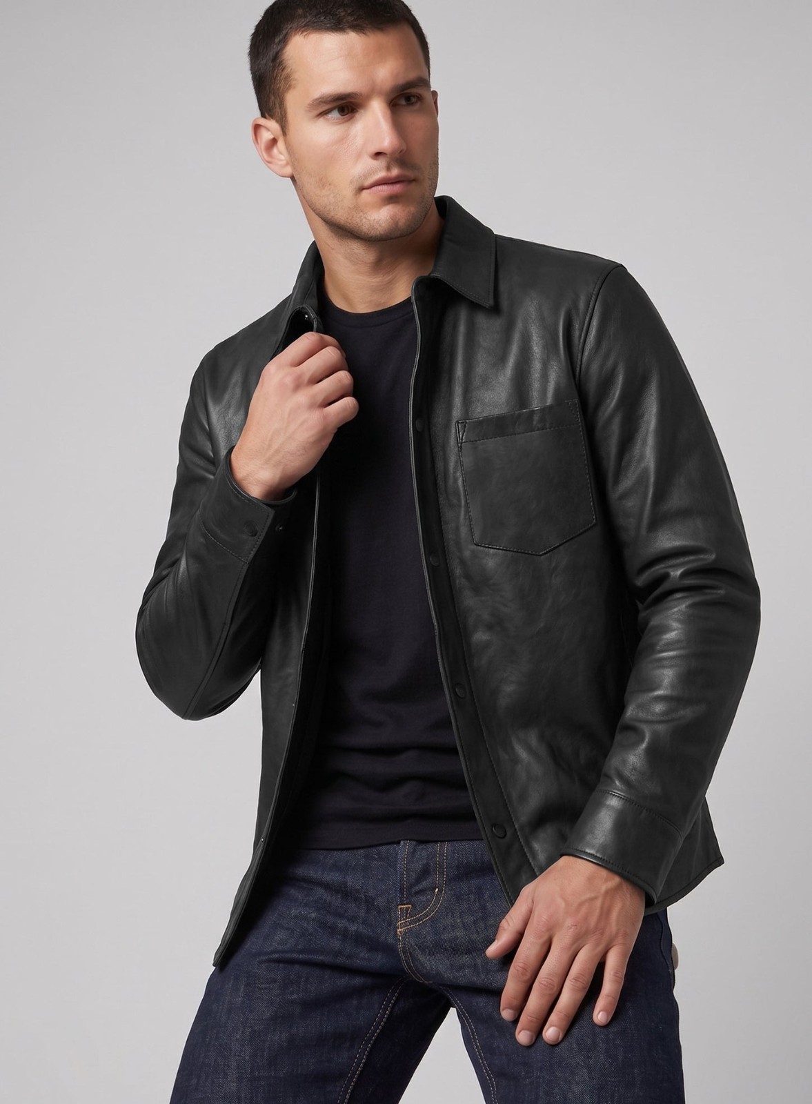 Mens Dark Black Suede Leather Shirt Jacket Casual Shacket Slim Fit Overshirt New