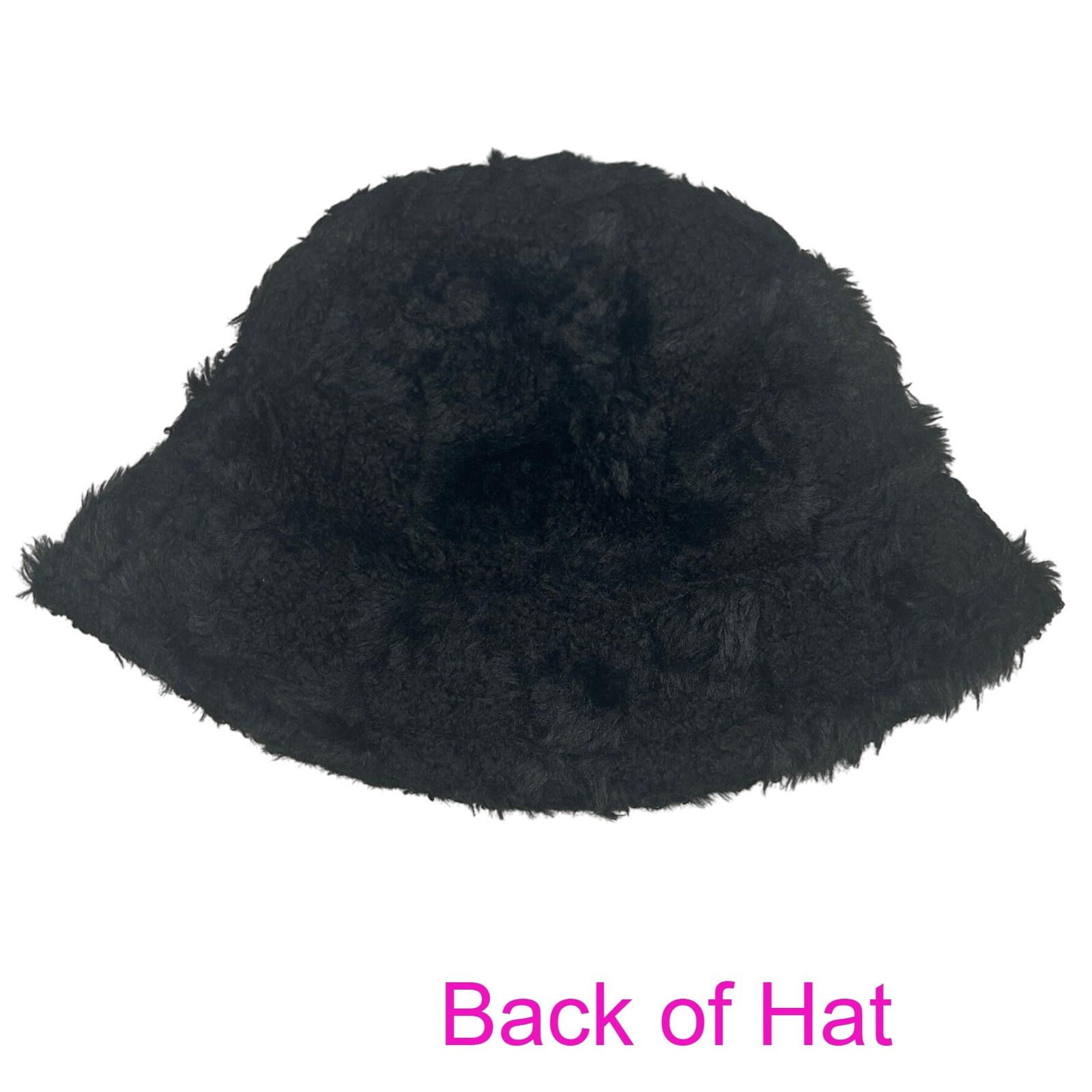 Women’s Black Faux Fur Bucket Hat IMMUNE Patch Winter Warm Fluffy Knit Cap