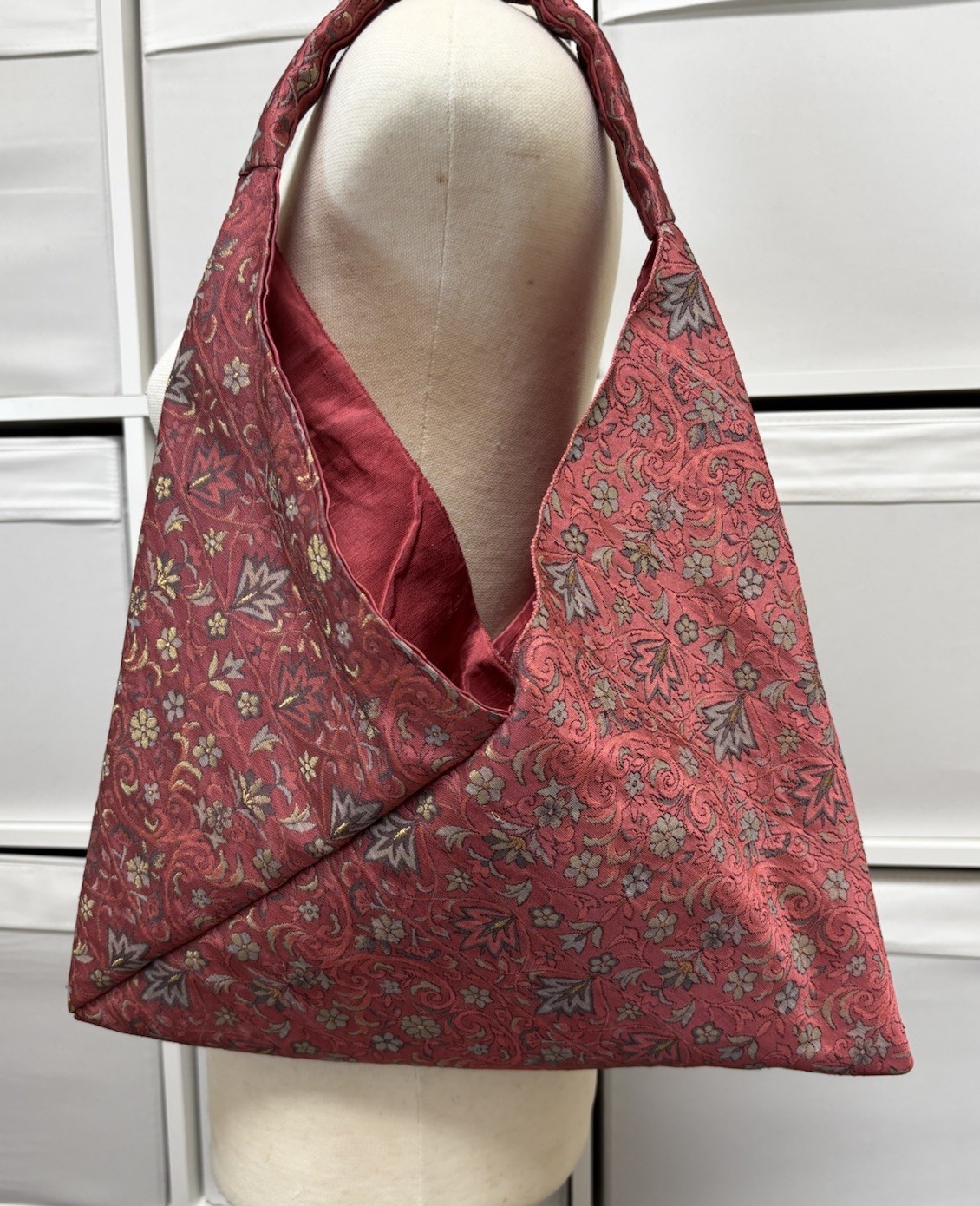 Vintage One of a Kind Japanese Obi Silk Shoulder Bag Burgundy Floral Knot Bag