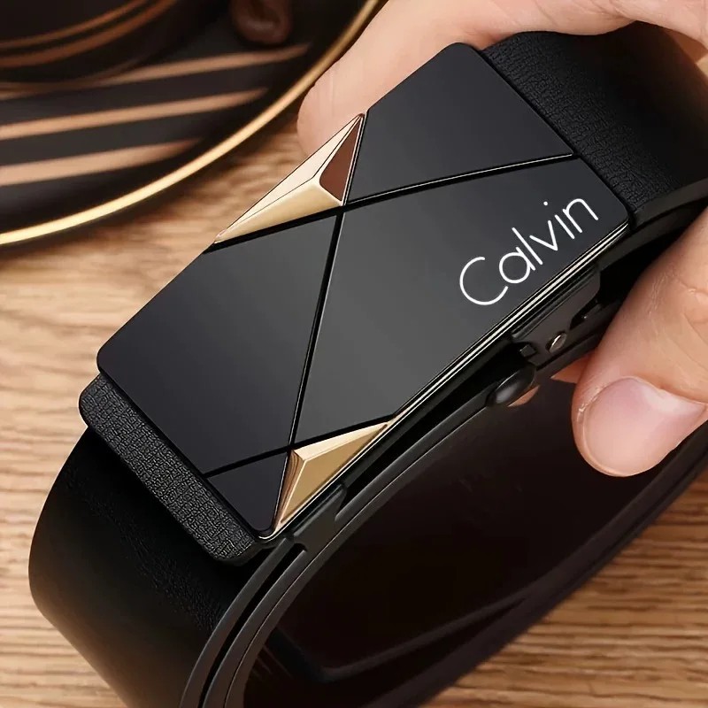 Men’s Automatic Buckle Belt Luxury Black Leather Ratchet Waist Belt Gift
