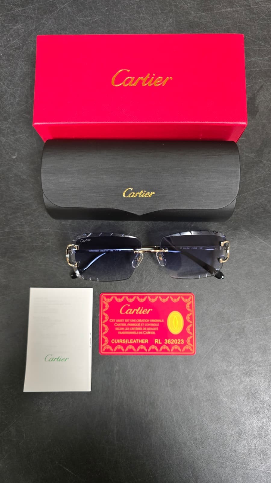 Cartier Big C Diamond Cut Red to Blue Fade Frameless Lens Gold Frame Big Box Ed.