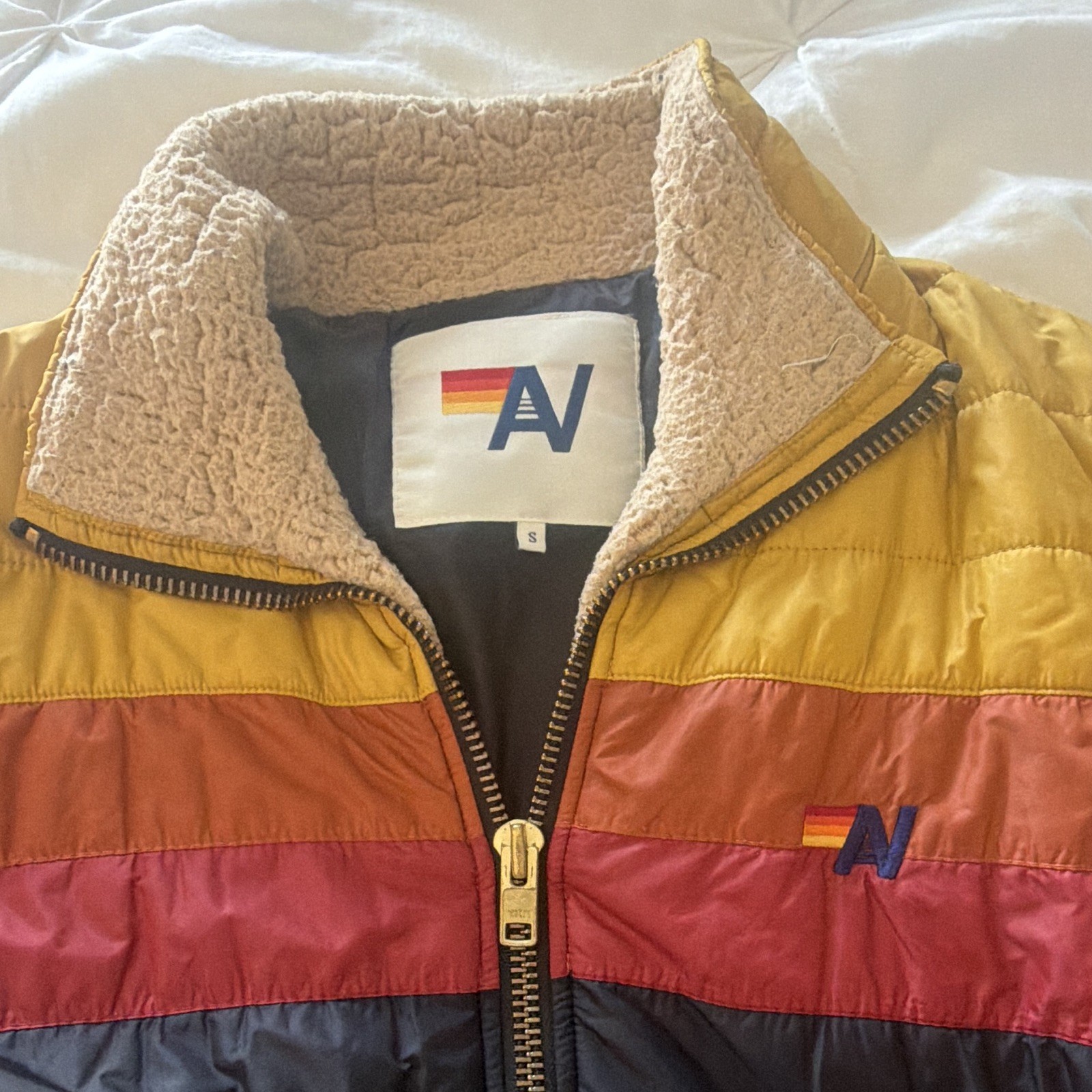 Aviator Nation unisex S Colorblock Puffer Jacket Full Zip Faux Shearling Collar