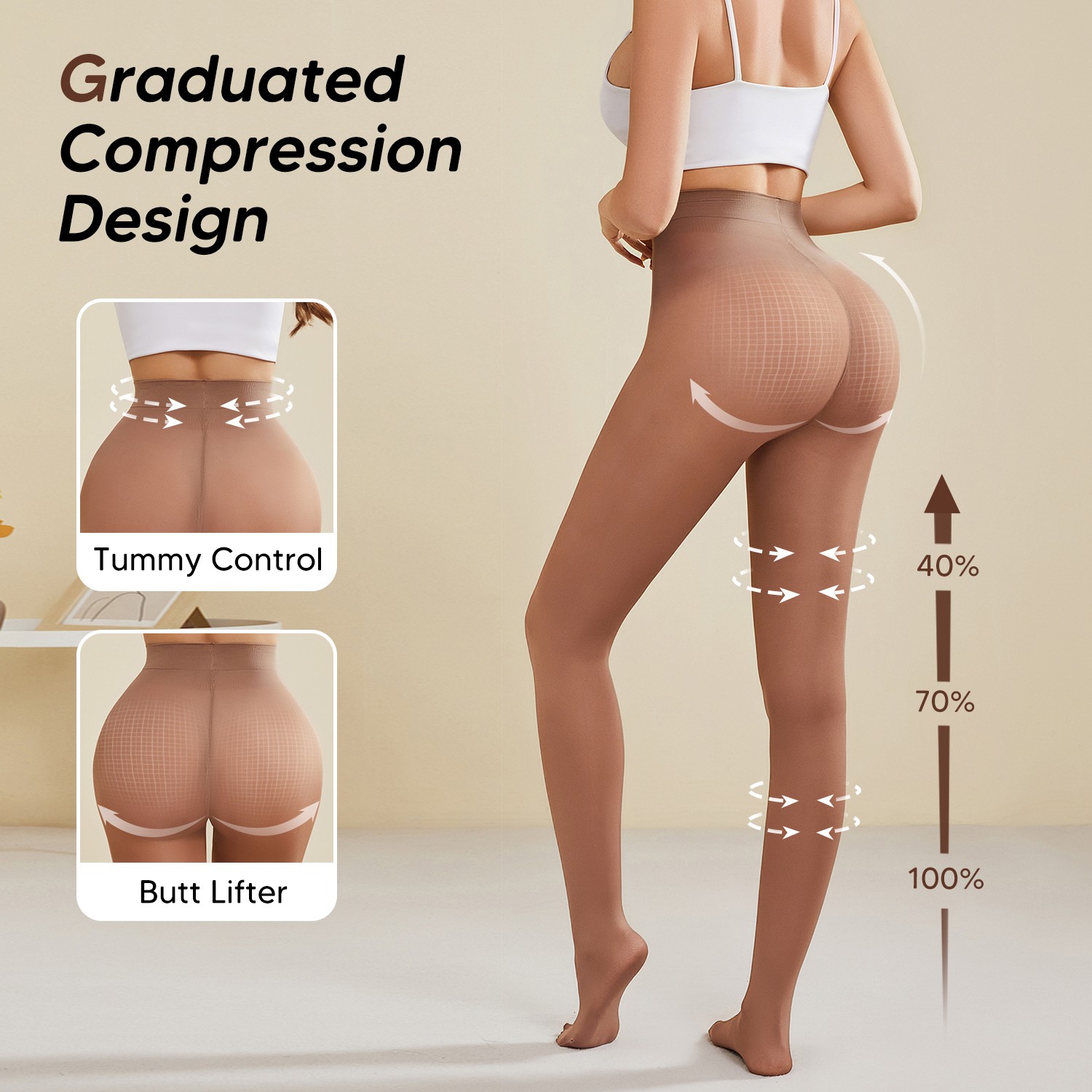 Semi Sheer Control Top Pantyhose for Women High Waist High Stretch Tights Black