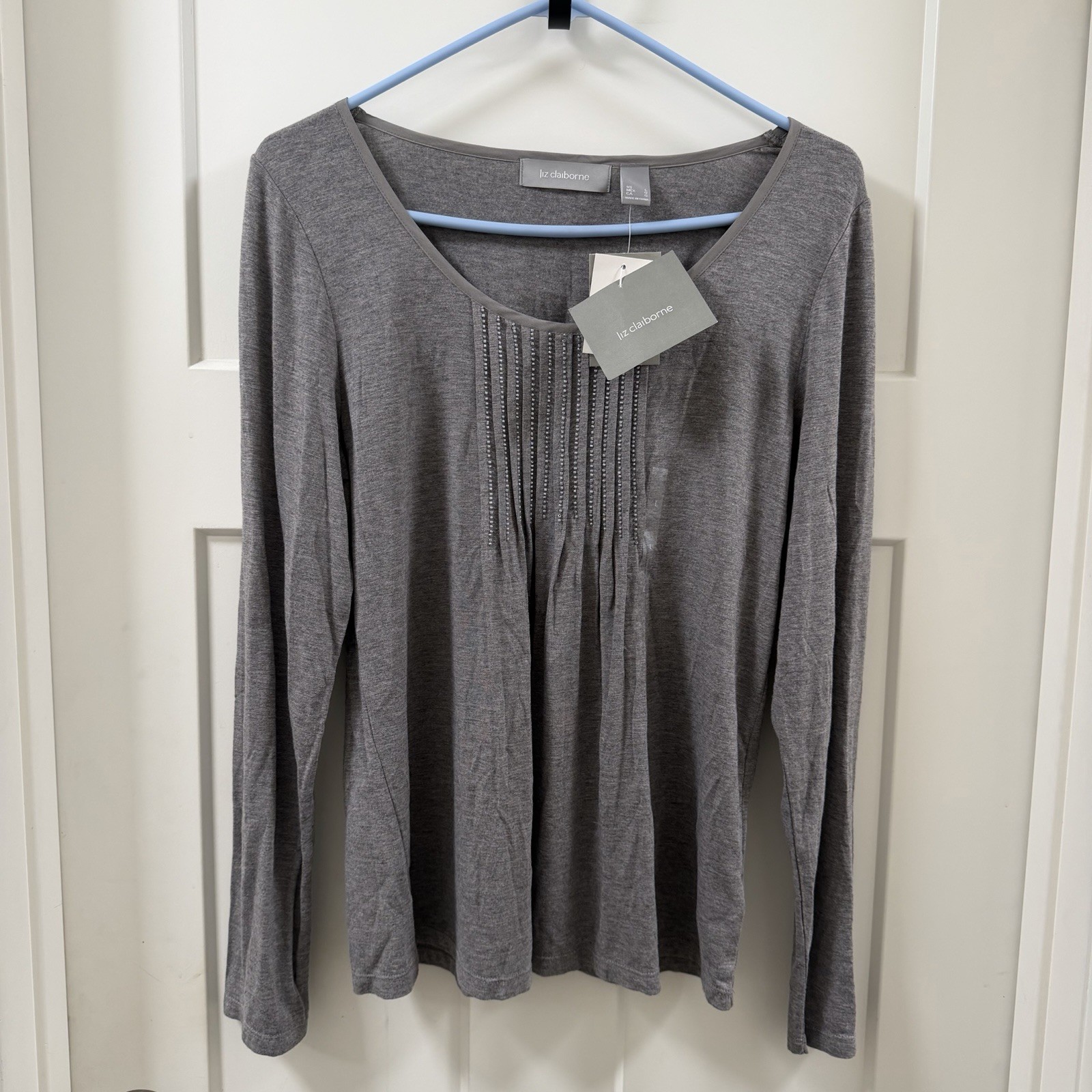 Liz Claiborne Light Grey Long Sleeved Central Pleated Rhinestone Panel Shirt L