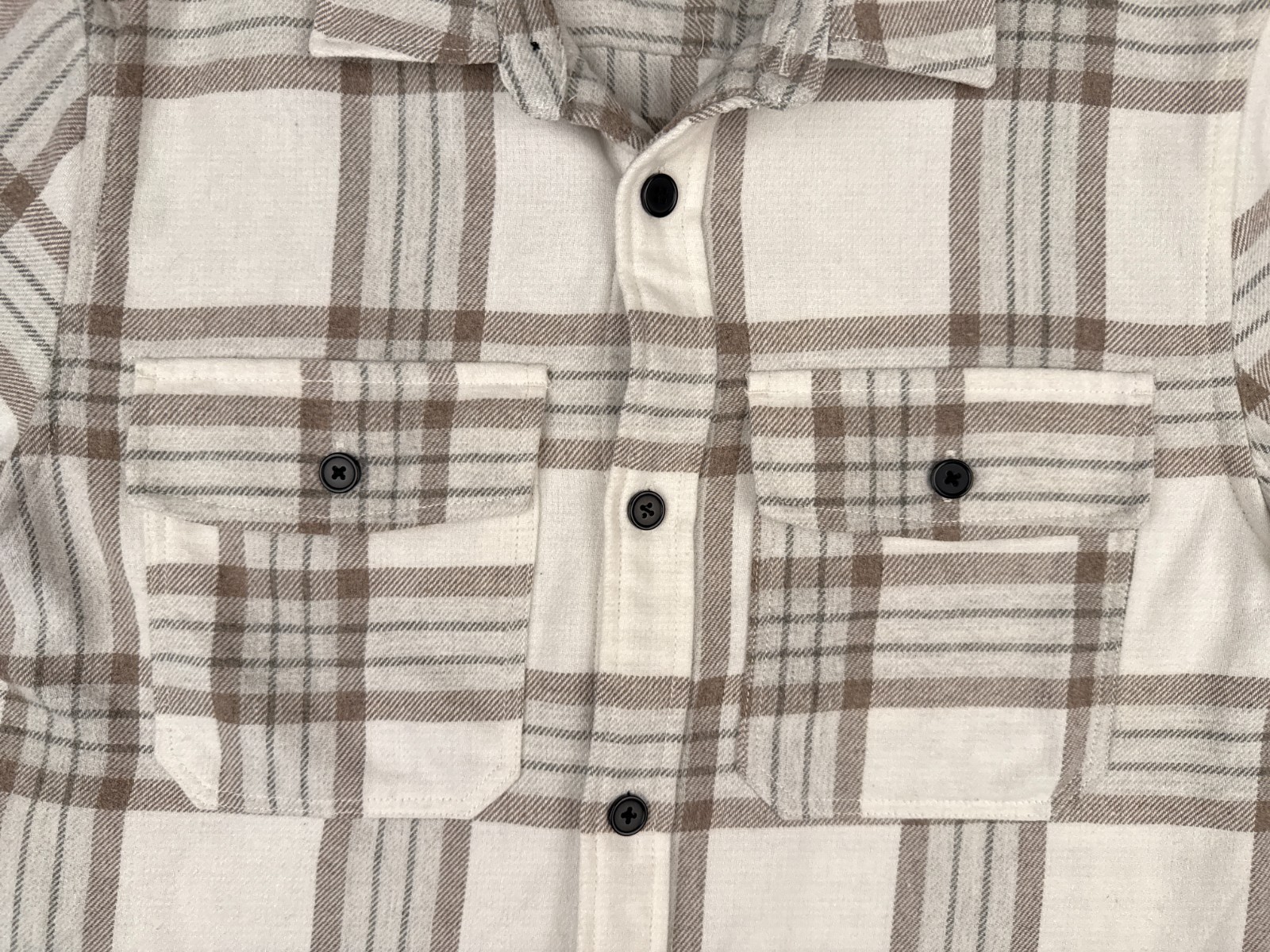 H&M Shirt Men Medium Beige White Plaid Flannel Poly Wool Blend Button Up Pockets