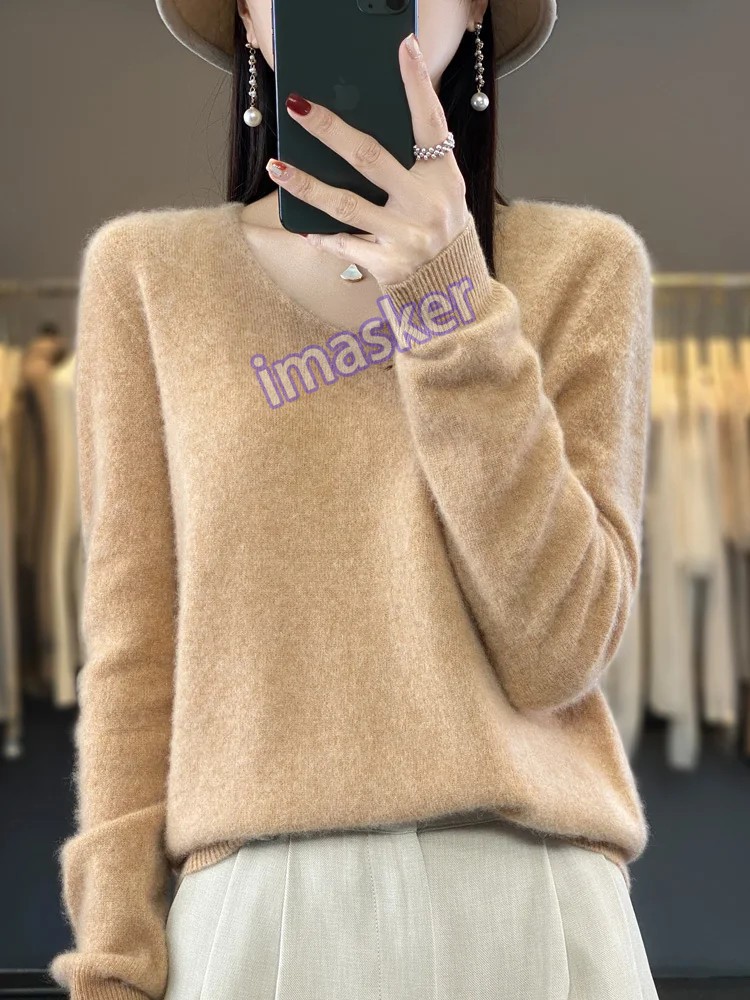 Women’s V-neck Pullover Sweater Knitwear Soft Warm Cashmere Loose Grace Style