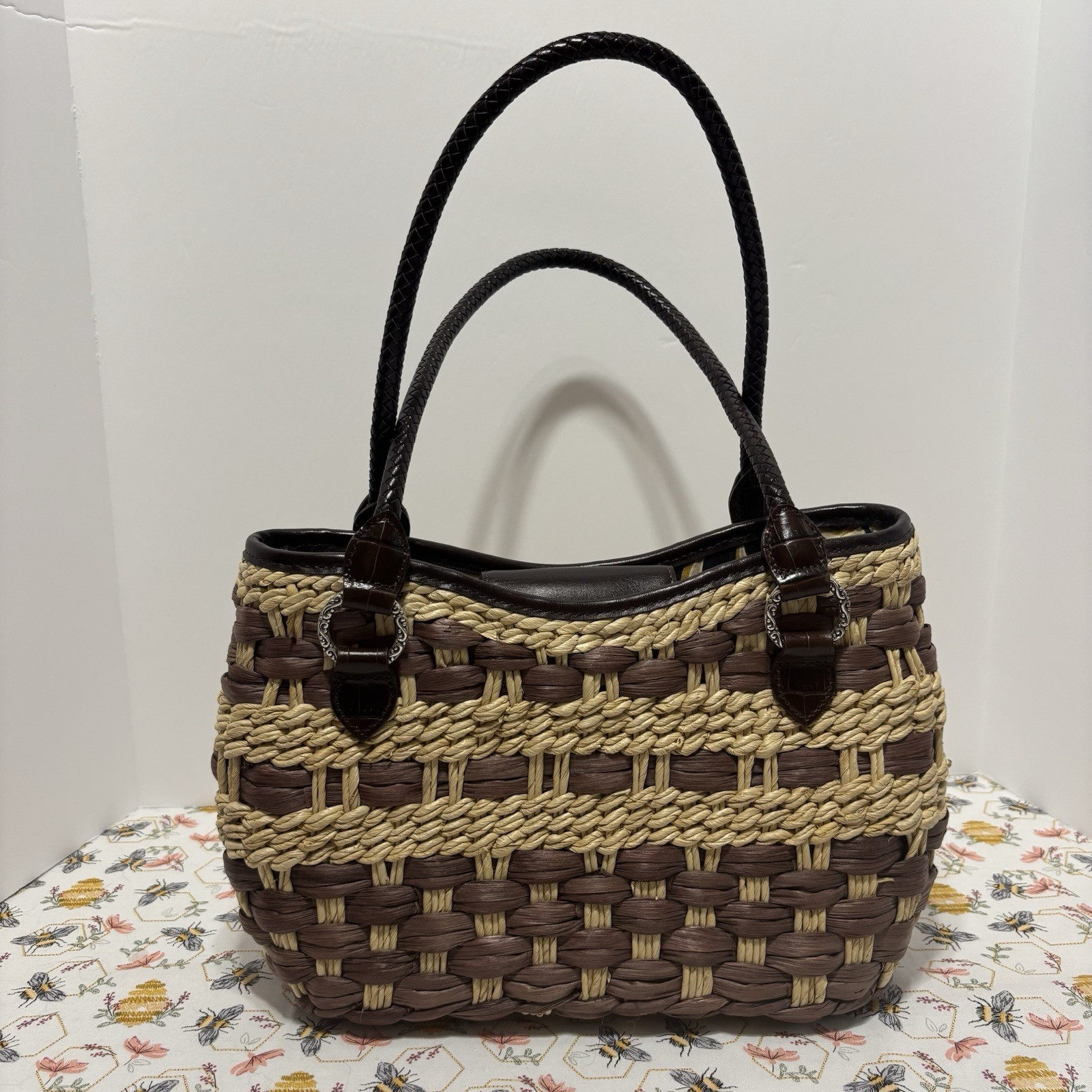 Brighton Brown Beige Woven Tote Bag Heart Charm Magnetic Closure Lined Pockets
