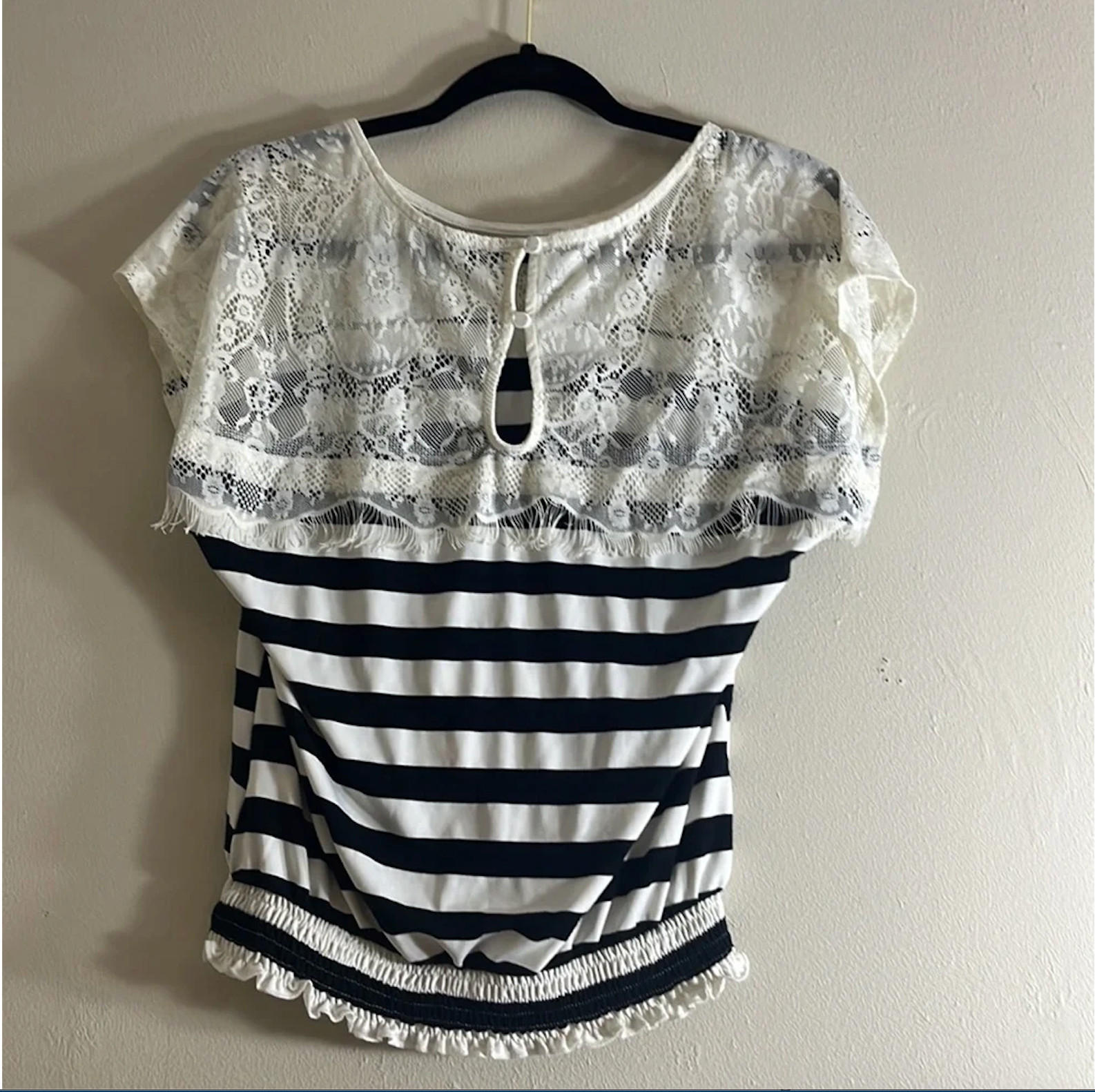 Charlotte Russe Black & White Striped Top with Lace Yoke Size Small