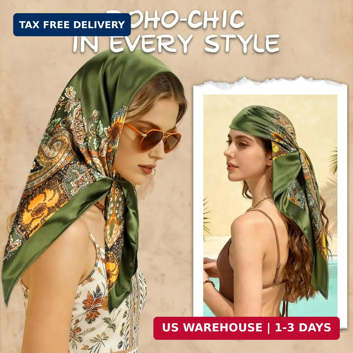 Large Square Head Scarf Bandana – 35″ Satin Hair Scarf for Women Like Silk Scarf