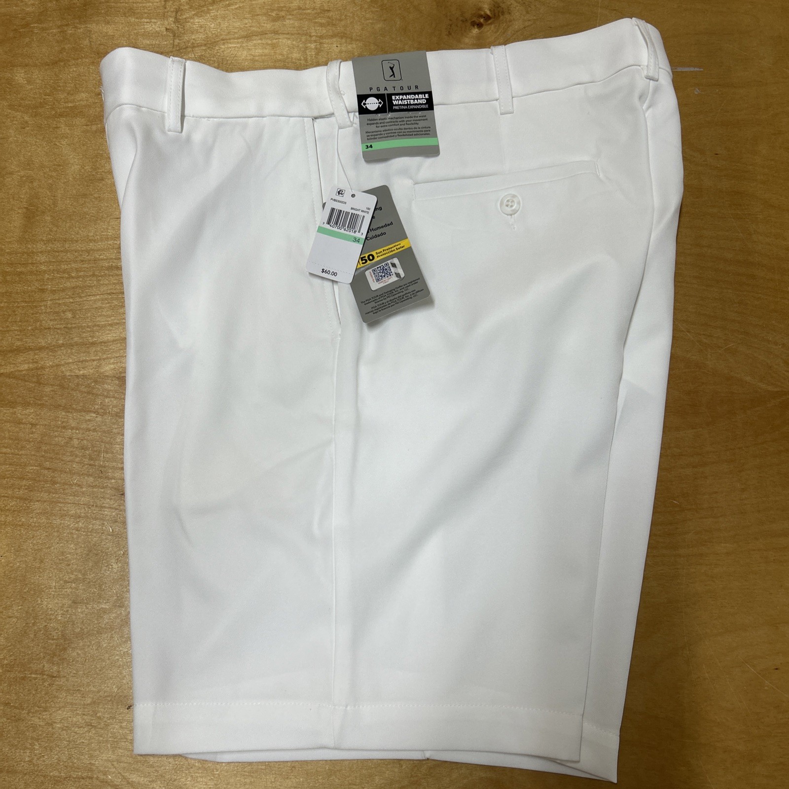 PGA Tour White Flat-Front Golf Shorts 9” In Seam – Size 34 – New With Tags