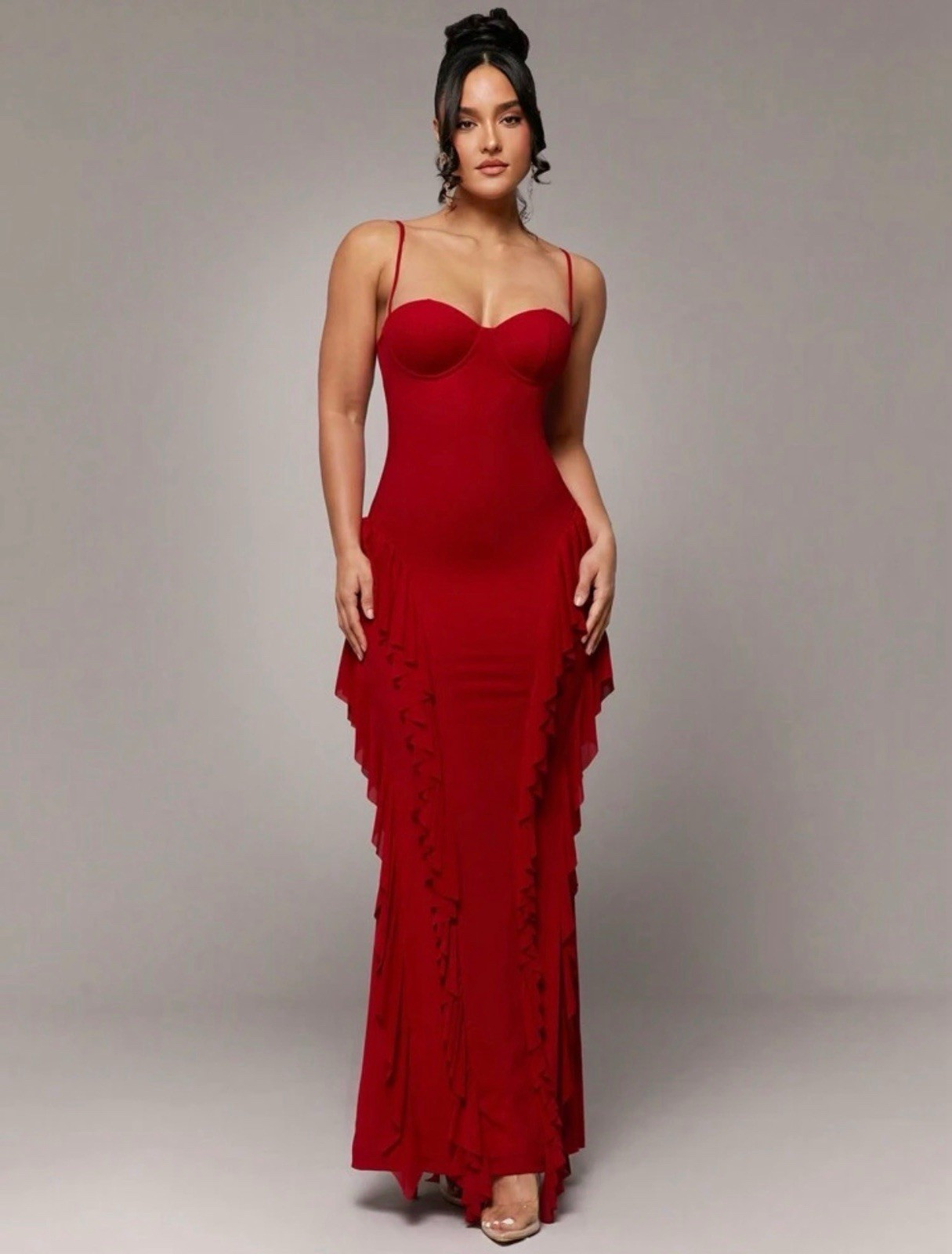Red Bodycon Maxi Dress Sweetheart Neck Strappy Open Back Ruffle Size L Formal