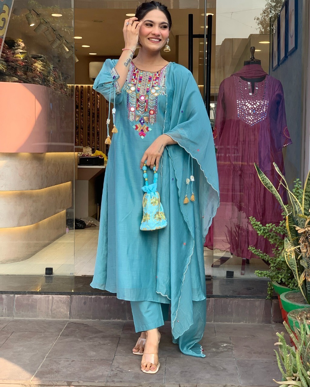 Indian Women Chanderi Silk Anarkali Kurta Pant Dupatta Set Kurti Salwar Kameez
