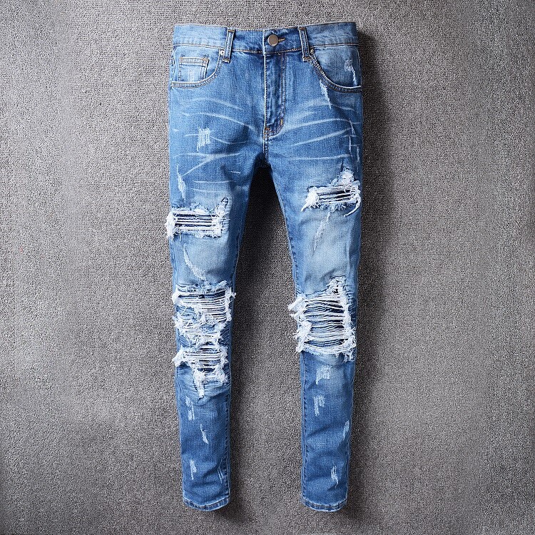 Mens Retro Ripped Slim Pleated Denim Jeans Classic Motorcycle Style Blue Stretch