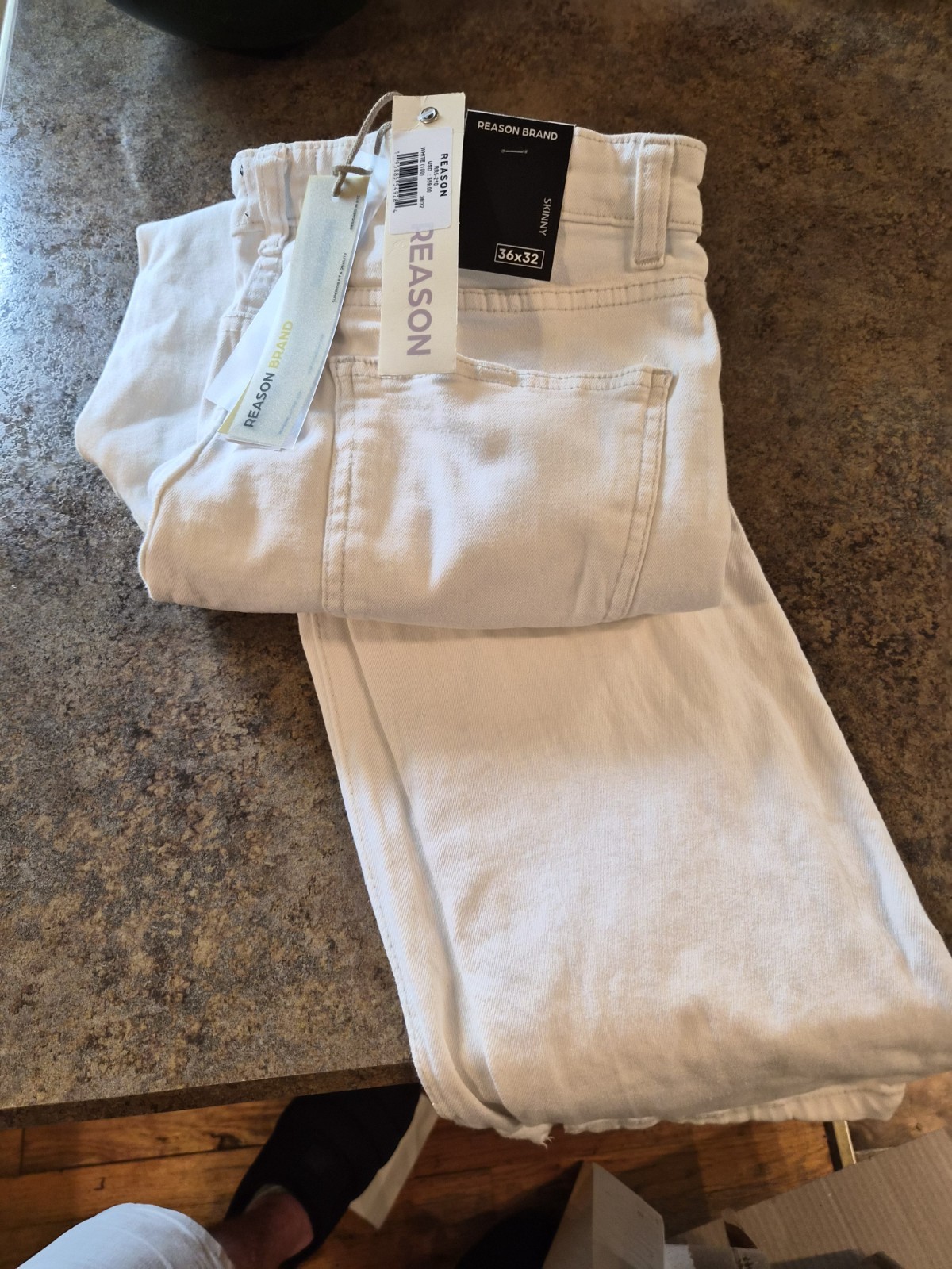 Reason Brand Men’s Skinny White Distressed Denim Jeans 5-Pocket Button