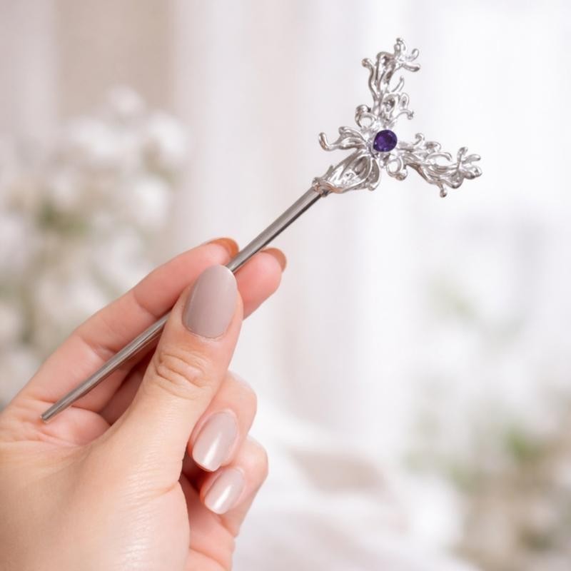 Boho Style Silvery & Violet Fairy Core Butterfly Chinese Hairpin 16 Cm