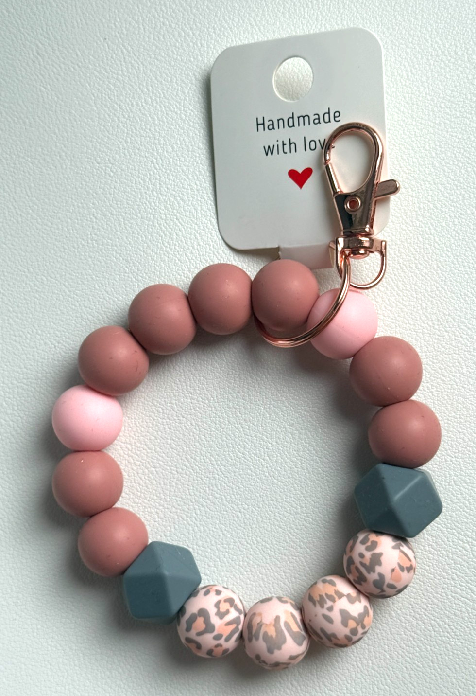 Silicone Beaded Keychain Wristlet Bracelet Mauve Leopard