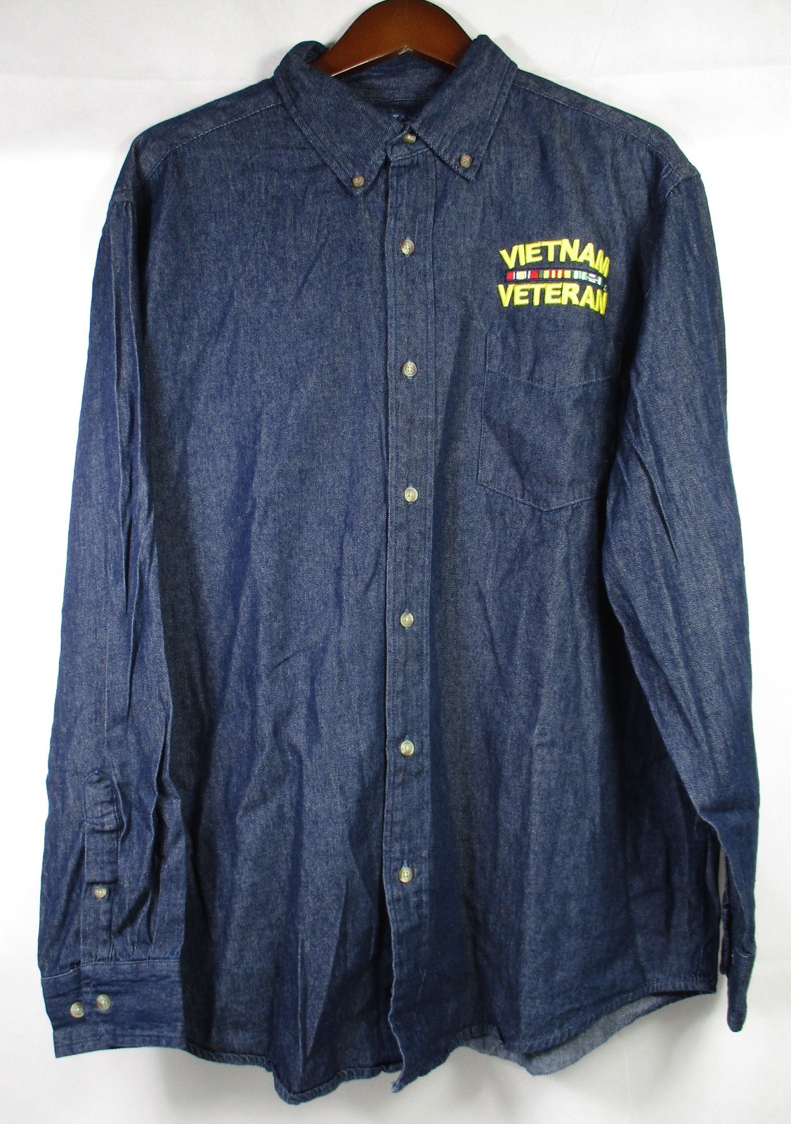 Vietnam Veteran Long Sleeve Denim Shirt 100% Cotton Embroidered Military Men
