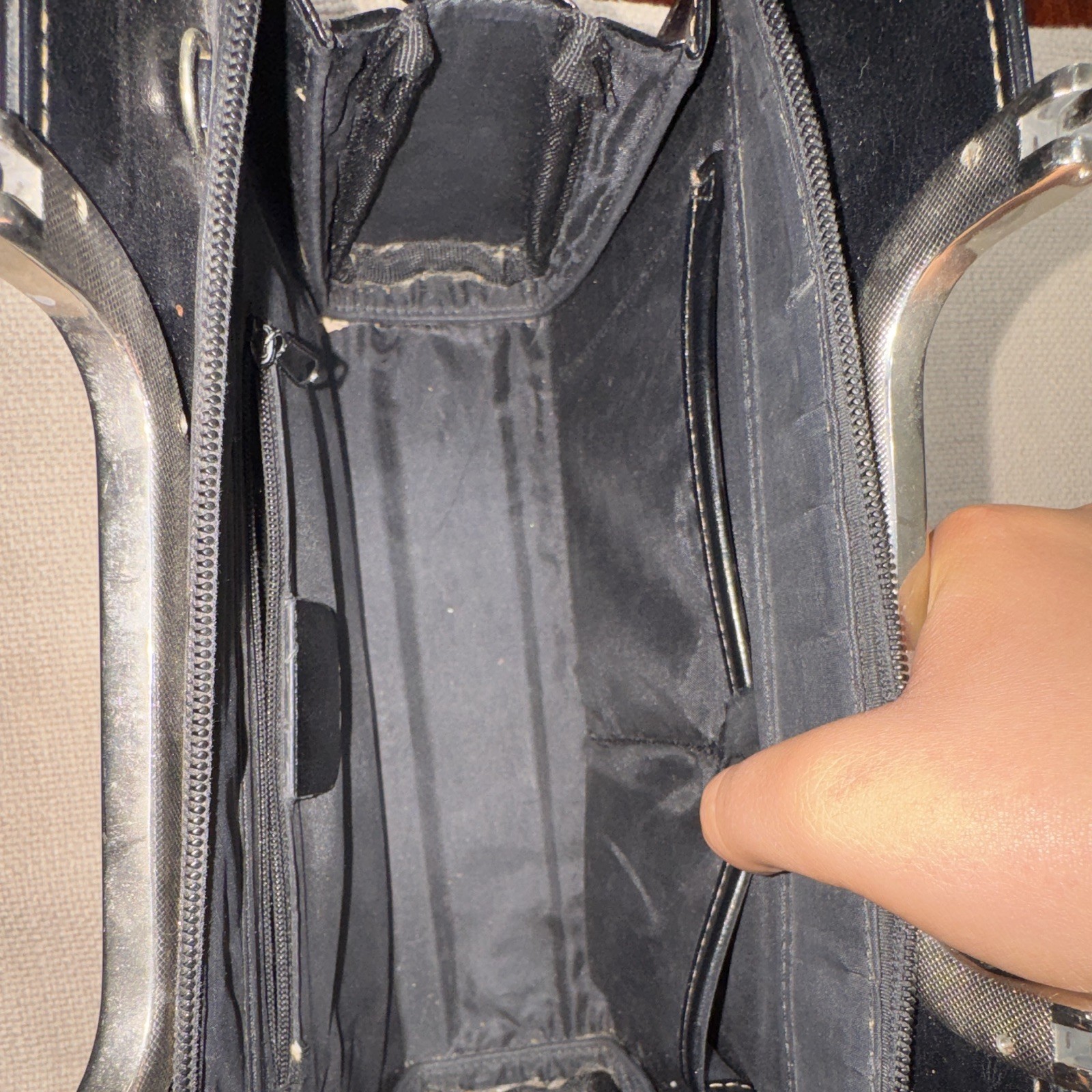 PRADA Black Top Handle Bag Zip Closure Silver Hardware Logo Pockets Lined