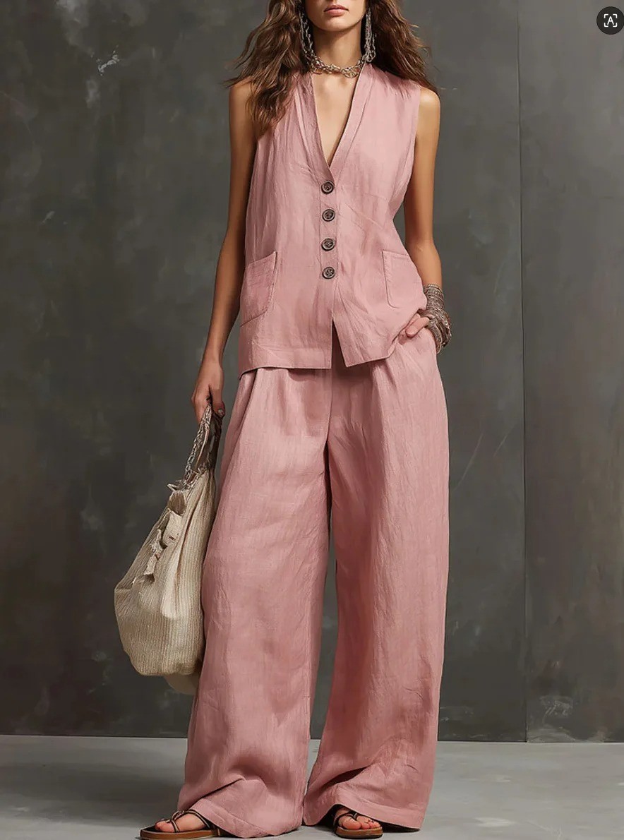 Women Solid Buttons Vest + Pocket Wide-leg Pants Suit Women Casual Two Piece Set