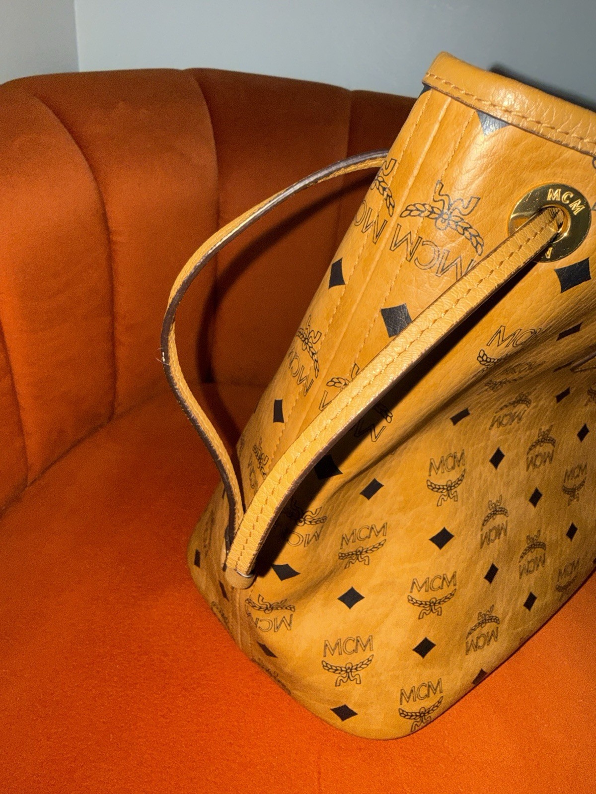 MCM Monogram Brown Tote Bag w/ Pouch, Logo Accents, Inner Pockets, Gold HW