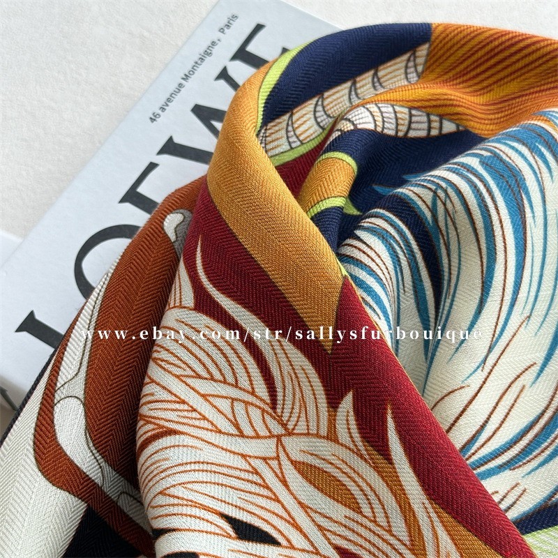 Sallys 70% Cashmere 30% Silk Wrap Scarf Feather Print Double Face Shawl 53″ Navy