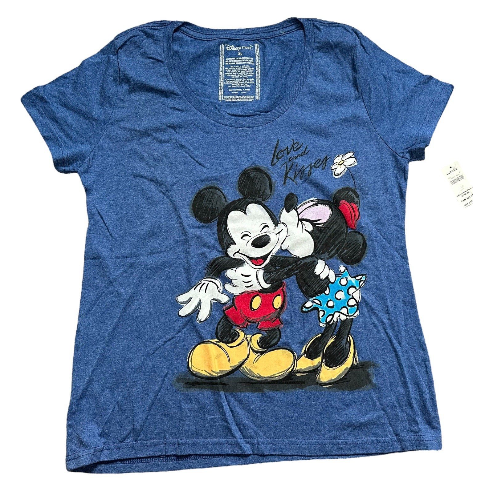 Retired Disney Store Love and Kisses Minnie & Mickey T-shirt Blue Shirt Size XL