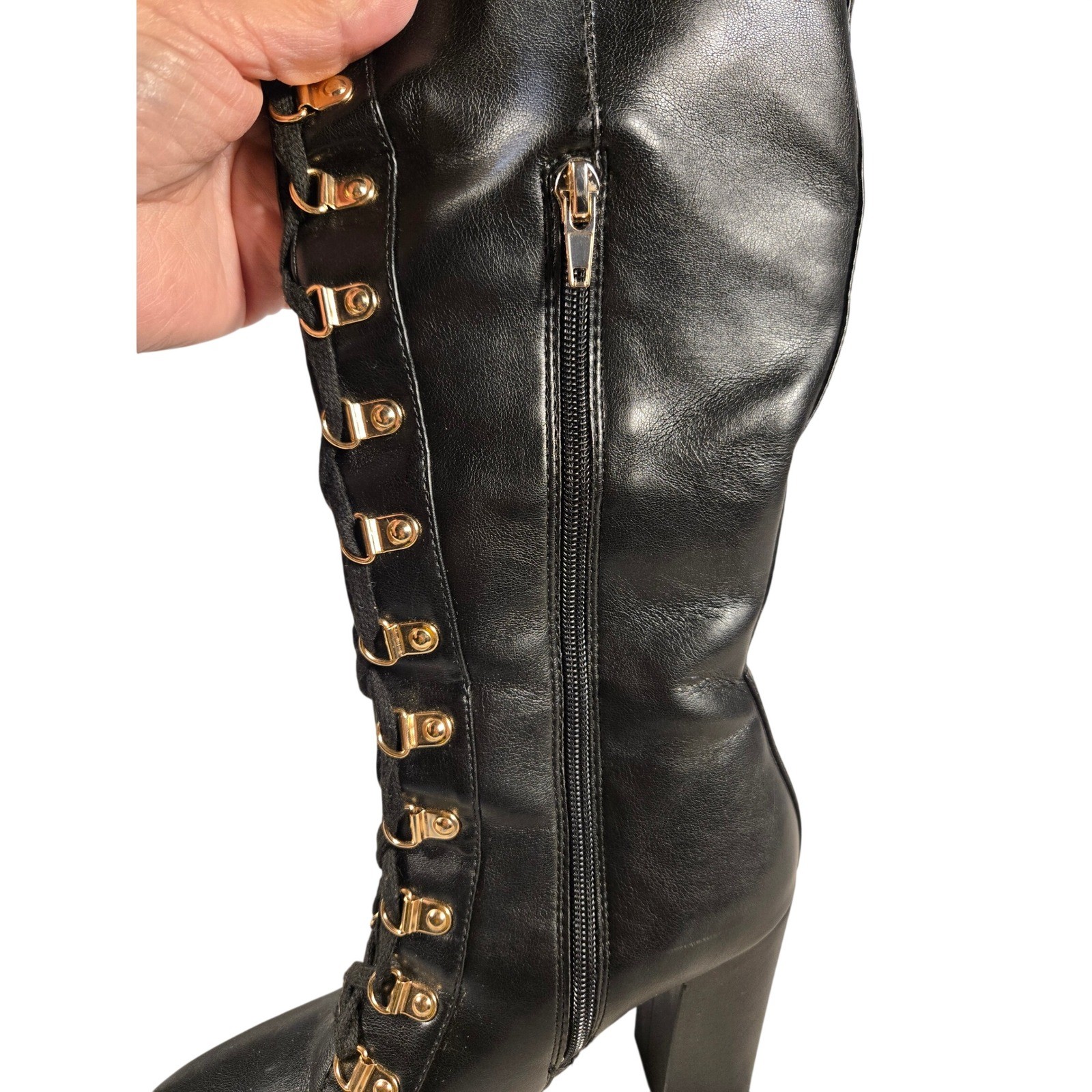 Eliza Womens Black Lace Up Knee High Combat Boots Gold Hardware Block Heel 7.5