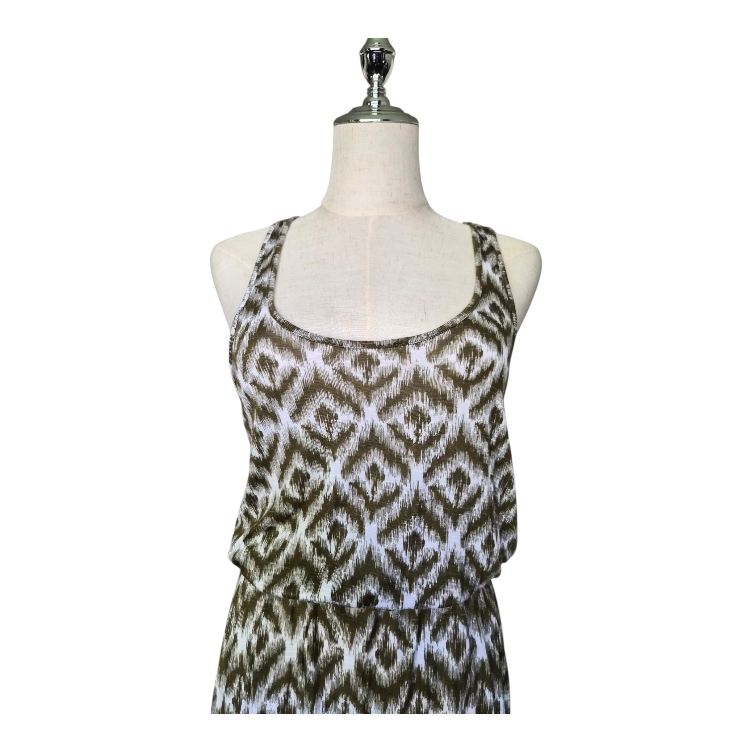Michael Stars Maxi Dress Ikat Olive Green Racerback Sleeveless Stretch OS